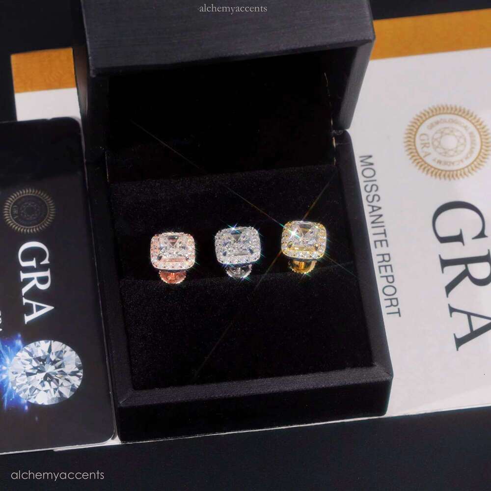 RTS Tester Certified Hip Hop Jewelry Sier Asscher Cut VVS Dia Moissanite Stud Fashion Earrings
