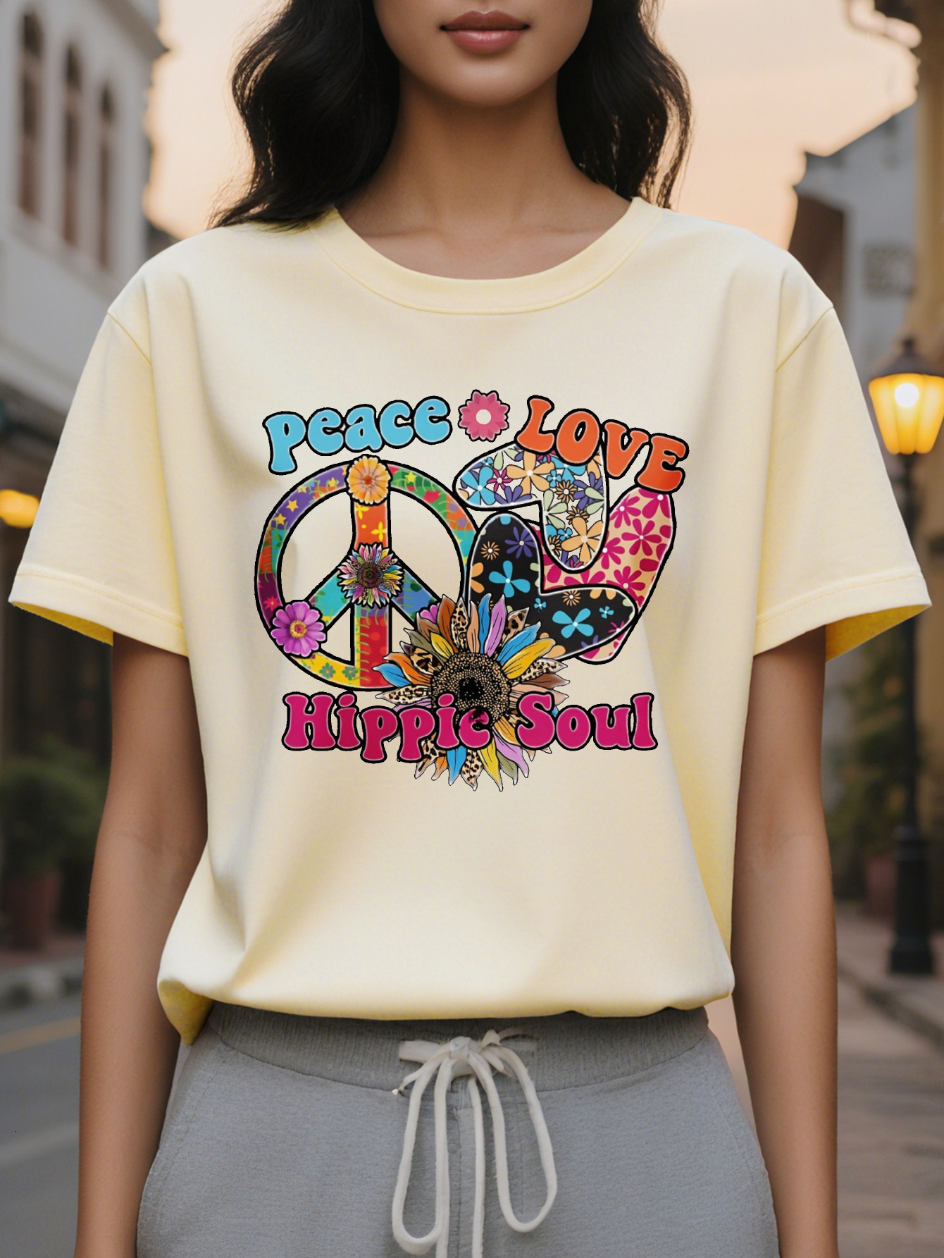 Women s Peace Love Hippie Soul T Shirt Retro Psychedelic Print Short Sleeve Round Neck Summer Casual Top, washable