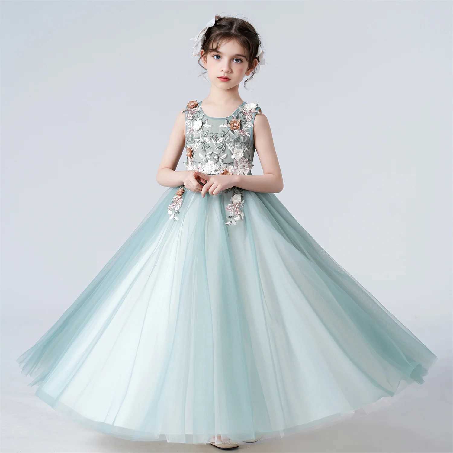 Childrens Girls Dresses For Eid Luxury Party Princess Dress 4-12 Years Old Kids Girl Long Dress Robe Tulle Green Clothing Z250904