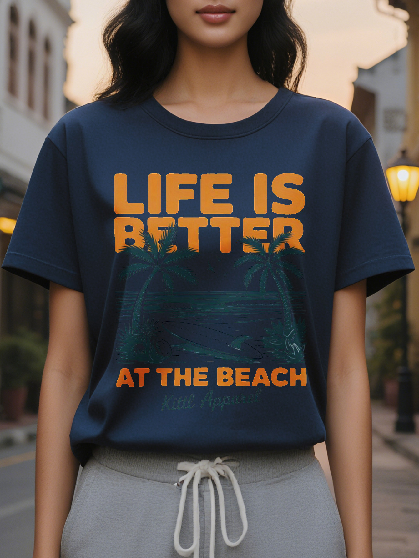 Ladies White T-Shirt Beach Theme Pattern Jacket Printed with Better Life at the Sea Round Neck Soft Summer Casual