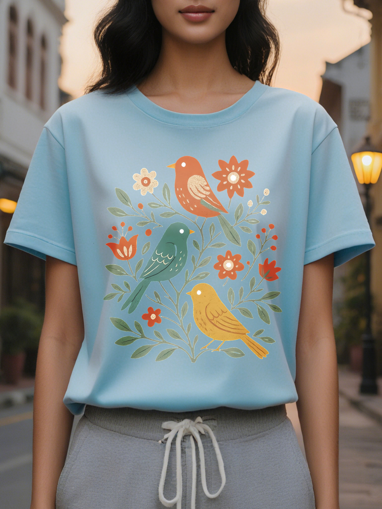 Large XL Women's Floral Bird Print T-Shirt Dark Gray with Orange Flowers Soft Stretchy Fabric Everyday Casual Formal Outfits Plus Size