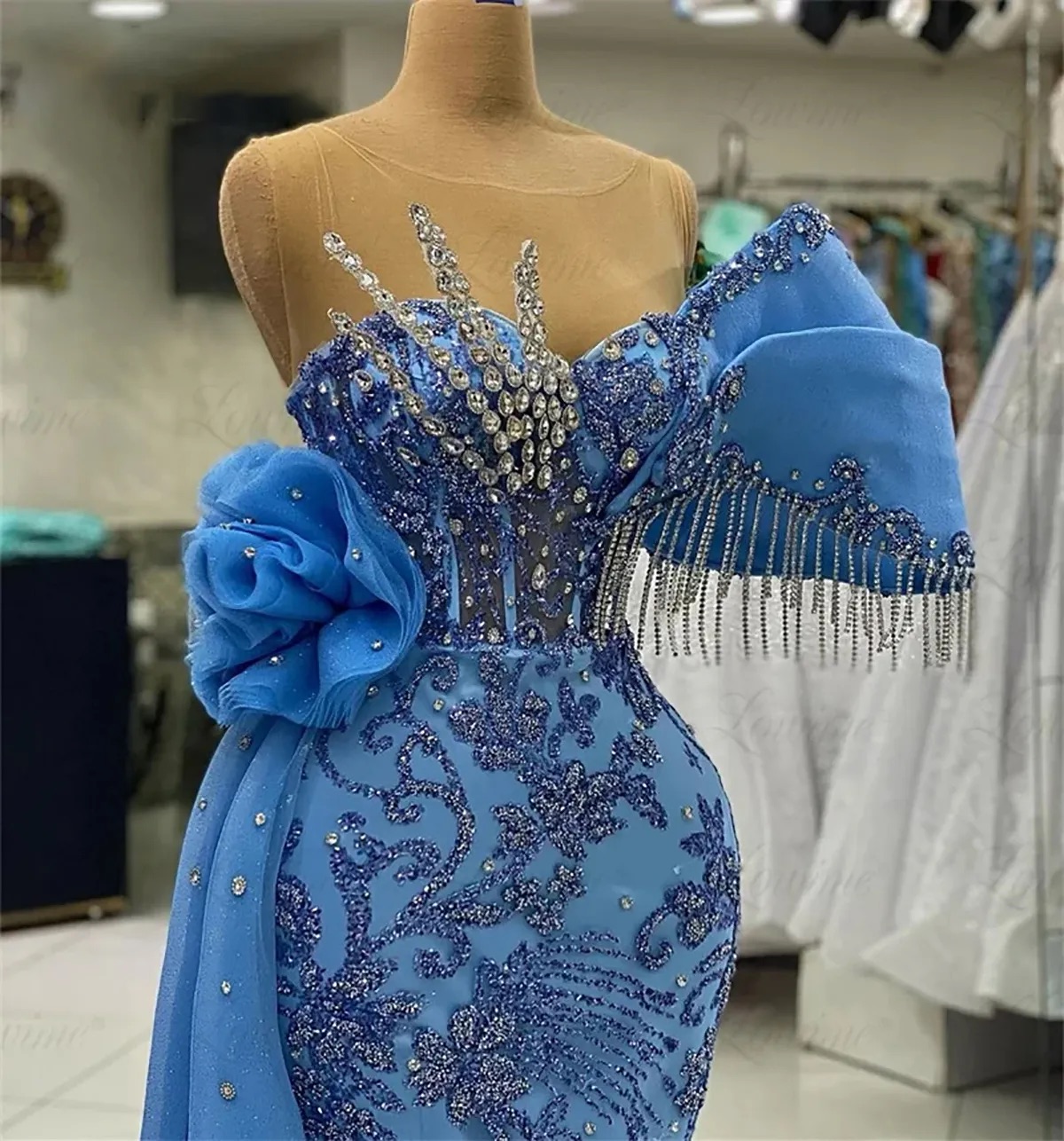Mermaid Sky Blue Prom Dresses 2025 Crystals Tassels Sequined Evening Formal Party Second Birthday Engagement Gowns Plus Size Dress For Special Occasio