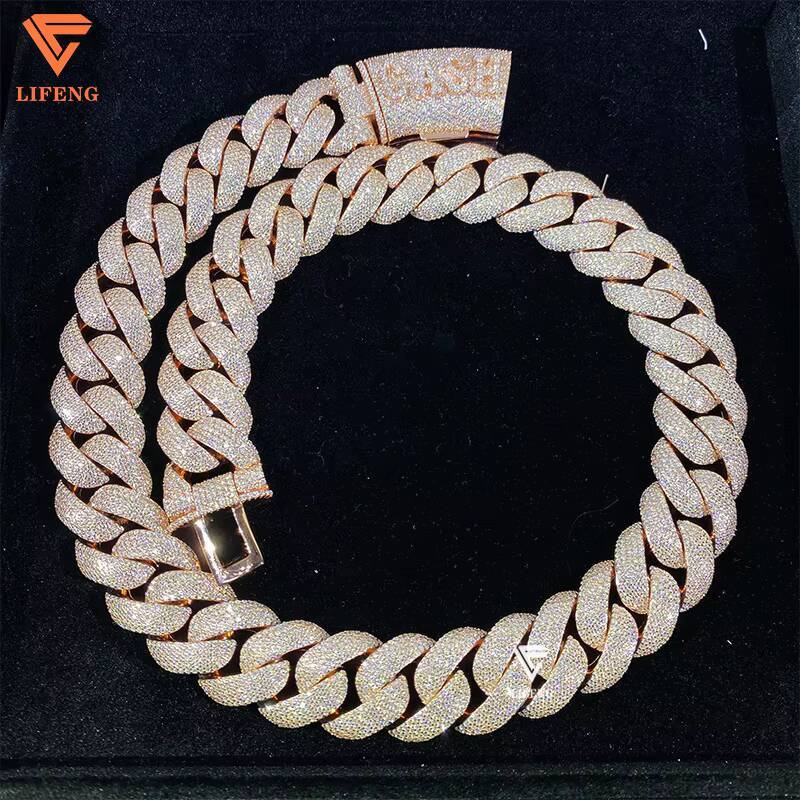 20mm Rose Gold Moissanite Cuban Chain Necklace VVS Diamond Tester 925 Silver Iced Passes Tester VVS Diamond Cuban Chain Necklace