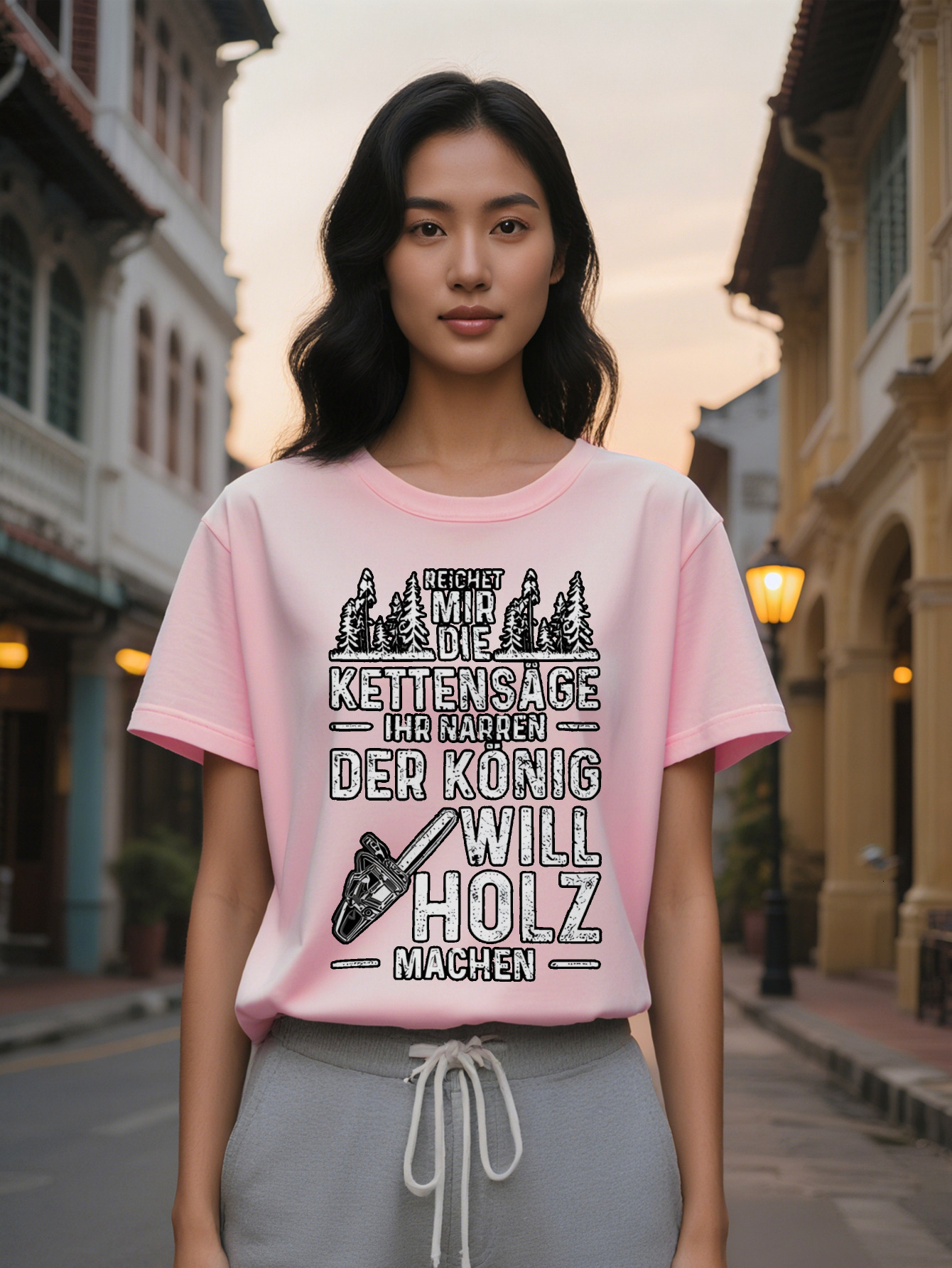 Large XL Casual Crew Neck T-Shirt with Pine Tree and Letter Print Softwood Knives Design Lightweight Fabric Regular Fit Plus Size