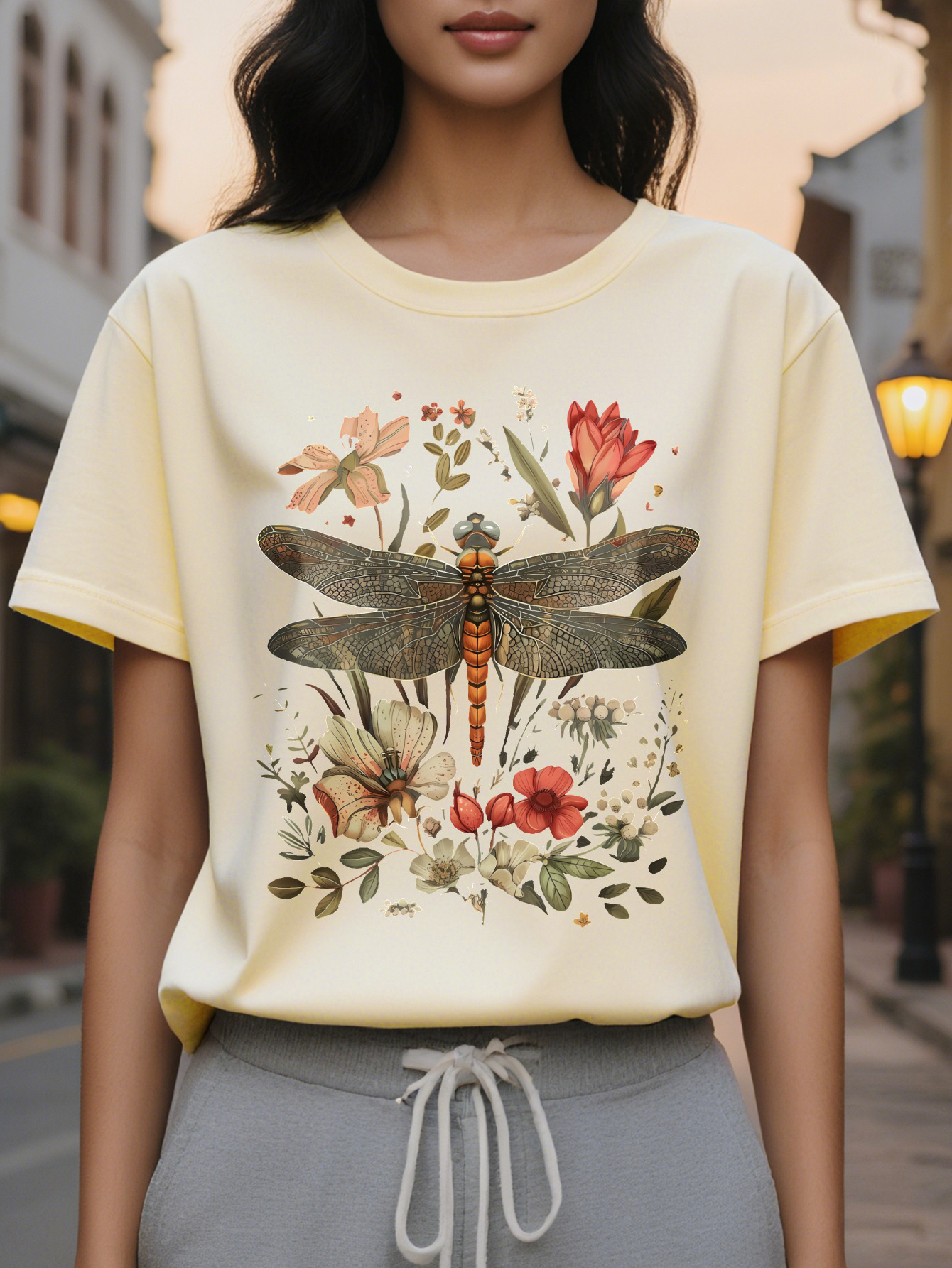 Large XL Casual Dragoy Floral Print Cotton Knit Tee Women S Crew Neck T Shirt All Season Regular Length Top Plus Size