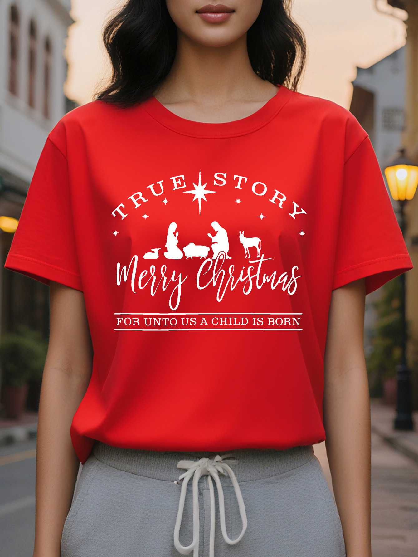 Women s Graphic T Shirt Red Crewneck Tee with True Story Merry Print Reindeer Snowflakes Design Soft