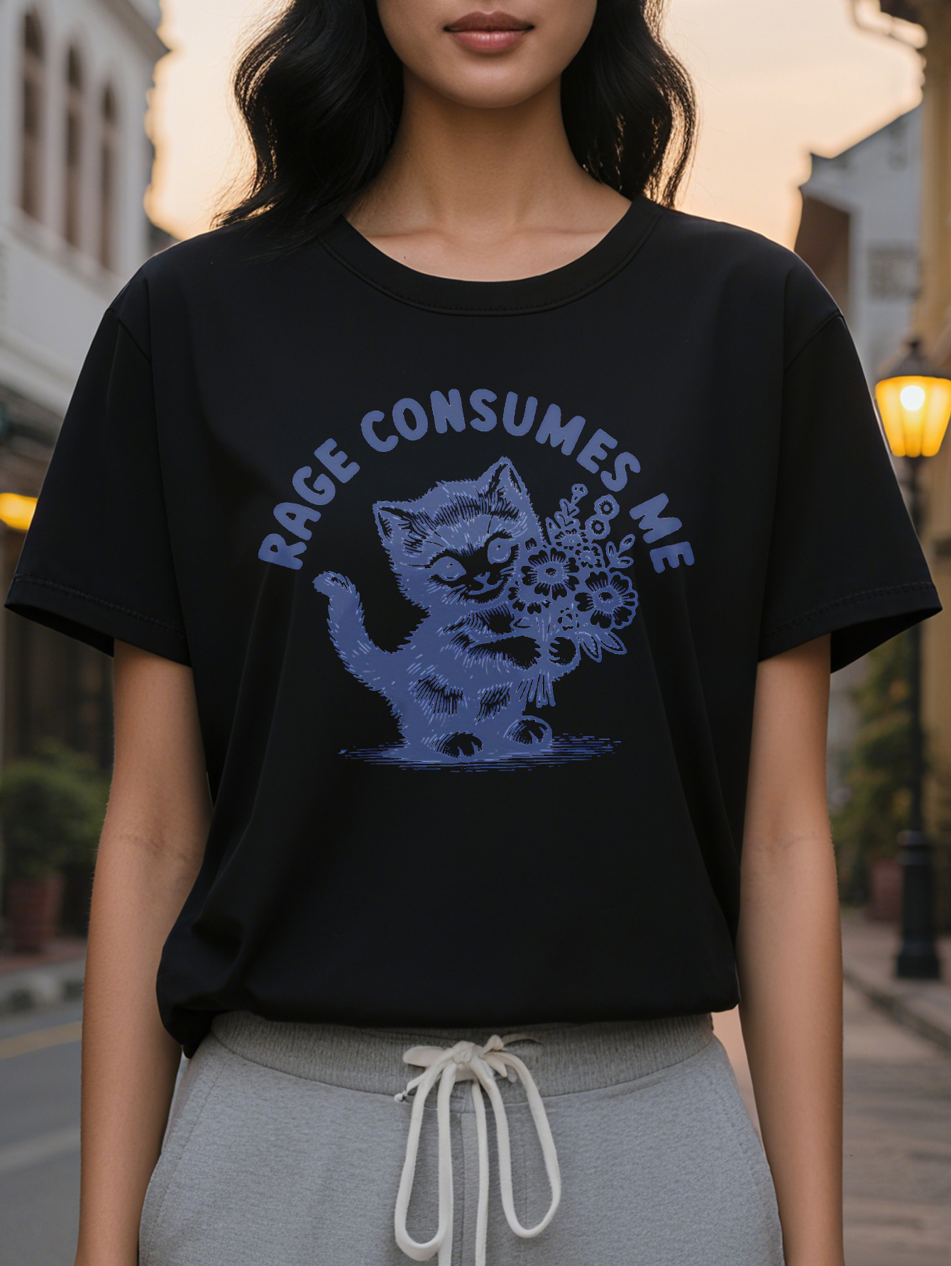 Women's Rage Consumes Me Pattern Black Cat Floral Casual Short Sleeve Loose Crew Neck Spring Summer T-Shirt