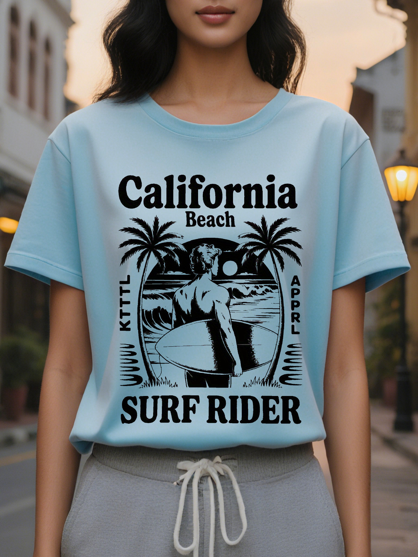 California Beach Surfer Print T-shirt, white, short-sleeved, round neck, summer top with palm tree and surfboard design