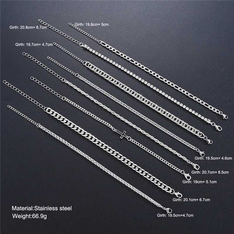 8 pcs Stainless Steel Cuban Chain Bracelet for Men Women Figaro Vintage Metal Viking Kpop Pulseras Luxury Cross Jewelry Gift W250904