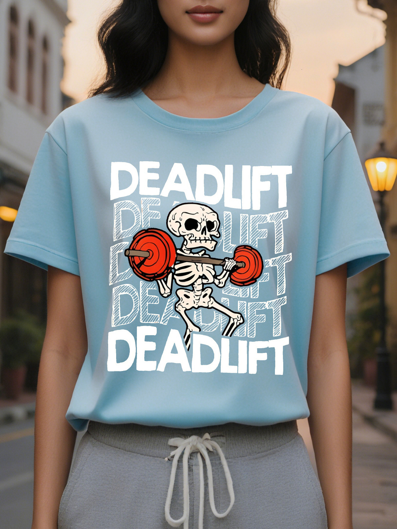 Women s Funny Humor T Shirt Olive Green Deadlift Skeleton Tee Lightweight Round Neck Top for Casual Outfits