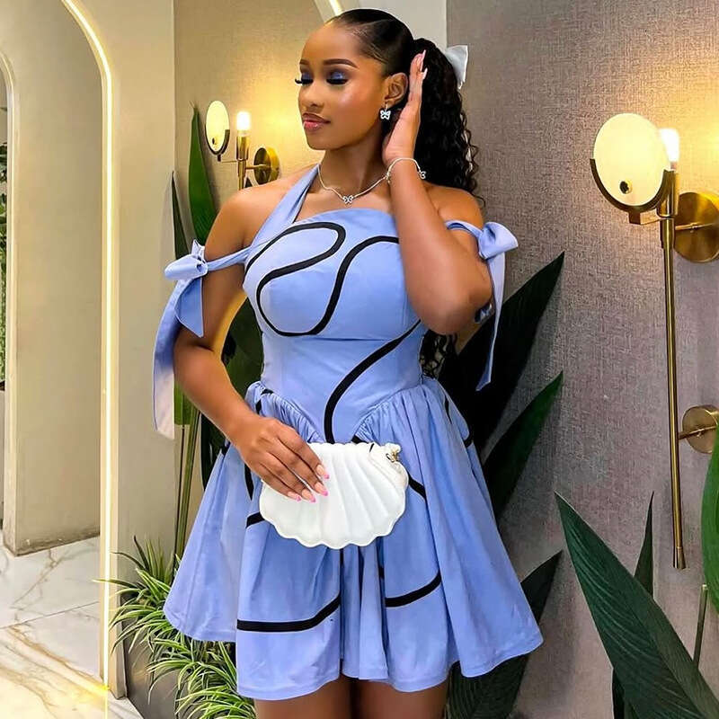 2025 Summer New Fashionable Women's Clothing from Europe and America: Elegant Halter Neck Printed Tie Off-Shoulder High-Waisted Pleated Dress