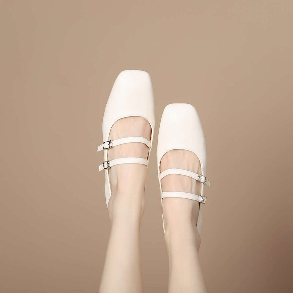 Elegant Squ Toe Designer Shoe One-Strap Mary Jane for Women 2025 Spring and Autumn New Genuine Leather Shallow Mouth Chunky Mid-Heel Single Wedding Sh