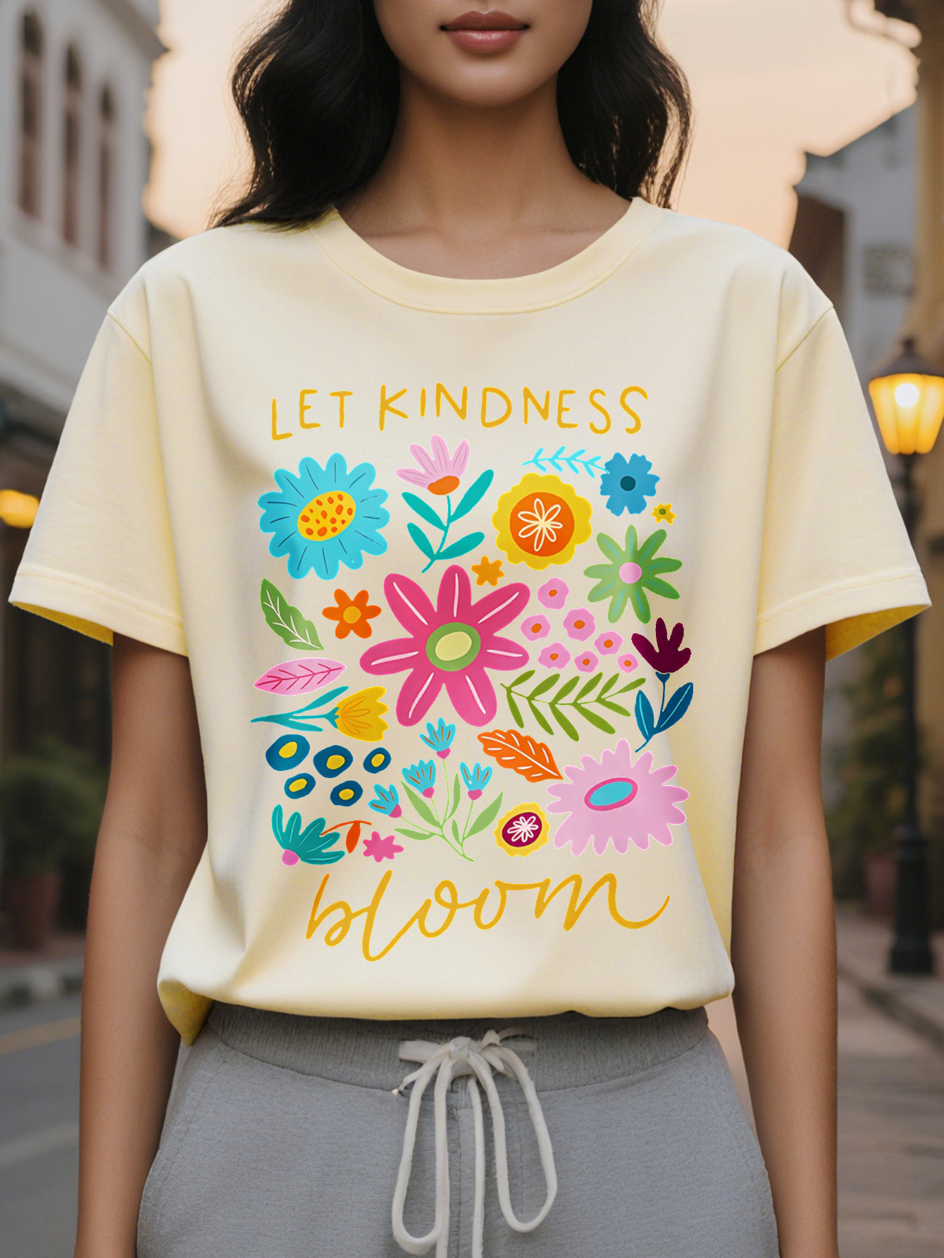 Large XL Women S Casual Floral Print T-Shirt Let Kindness Bloom Design with Vibrant Flowers Short Sleeve Crew Neck Perfect Plus Size