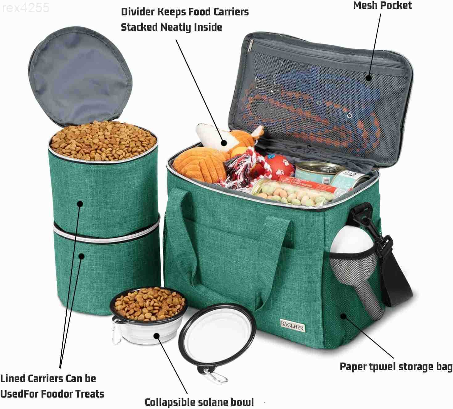 Dog Travel Bag for Supplies DoubleLayer Airline Approved Weekend Pet Travel Organizer Set for Dog and Cat Tote with 2 Pet Food Containers and 2 Collap