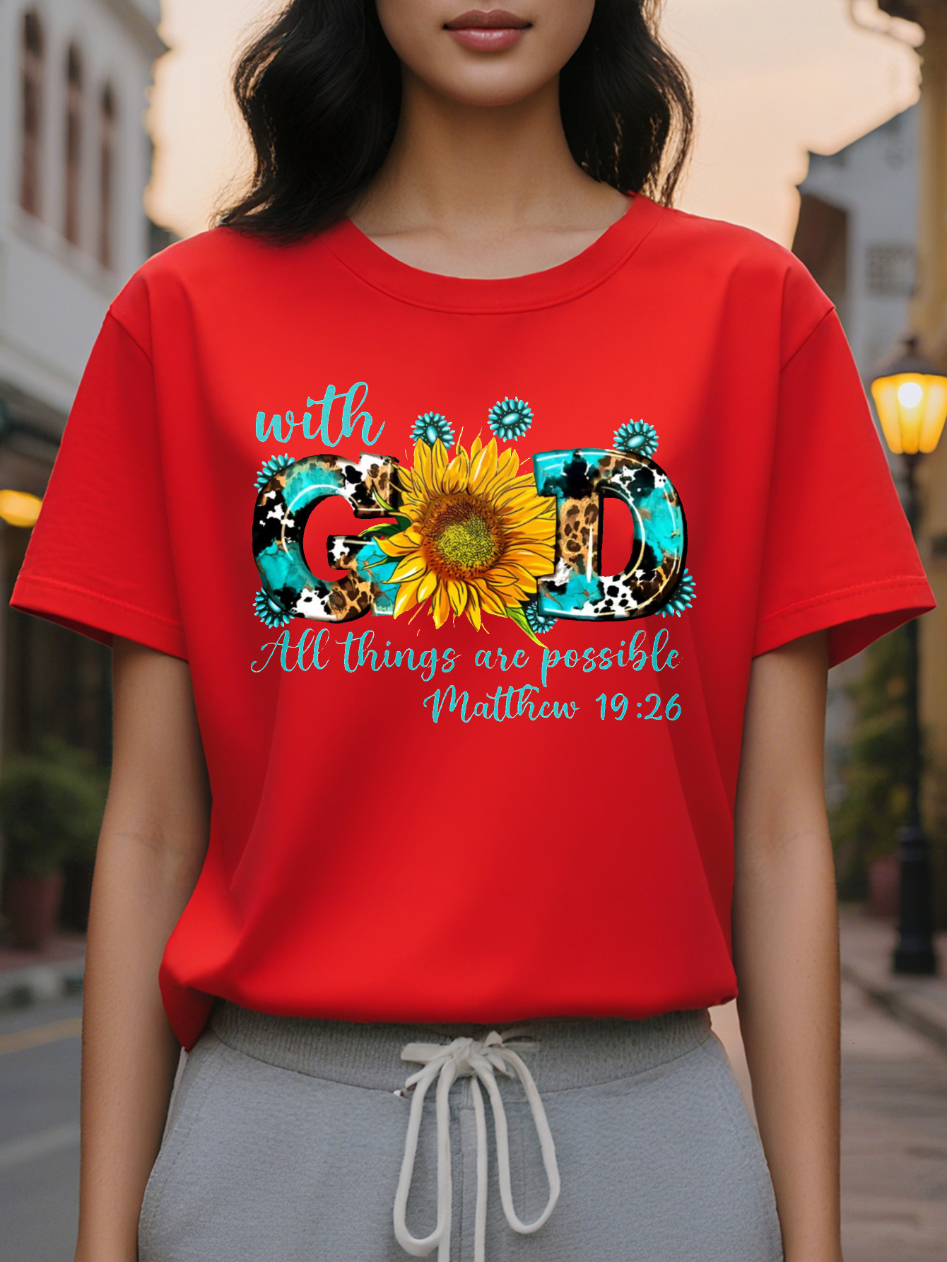 Women s Inspirational God All Things Possible Matthew T-Shirt Black Soft Stretch Casual Summer Tee with Sweat