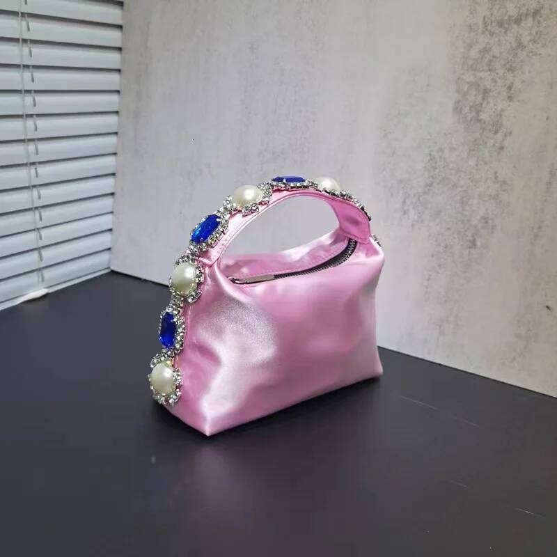 High Quality Women's Handbag Satin Hobo Crystal Shiny Dias Pearl Beaded Evening Bag Wedding Party Clutch Purse