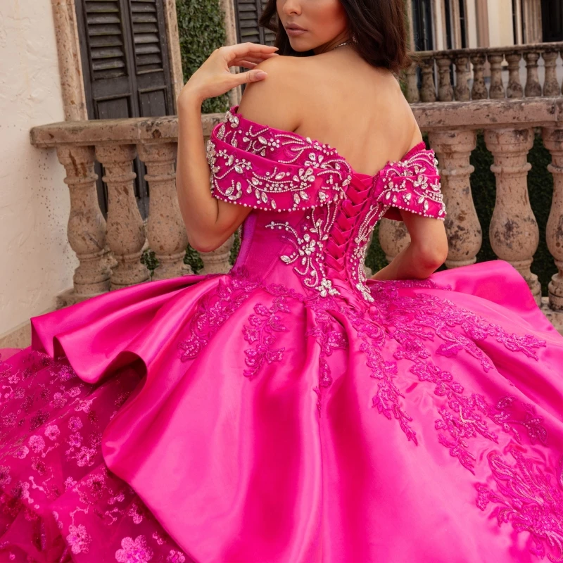 Rose Red Shiny Quinceanera Dresses Ball Gown Off The Shoulder Applique Lace Beading Crystal Tiered Tull Sweet 16 Dress Vestidos 15 Anos