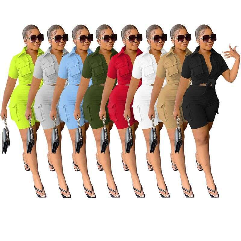 Women's Clothing New Urban Style Shirt Short Sleeve Shorts Solid Color Two-Piece Set