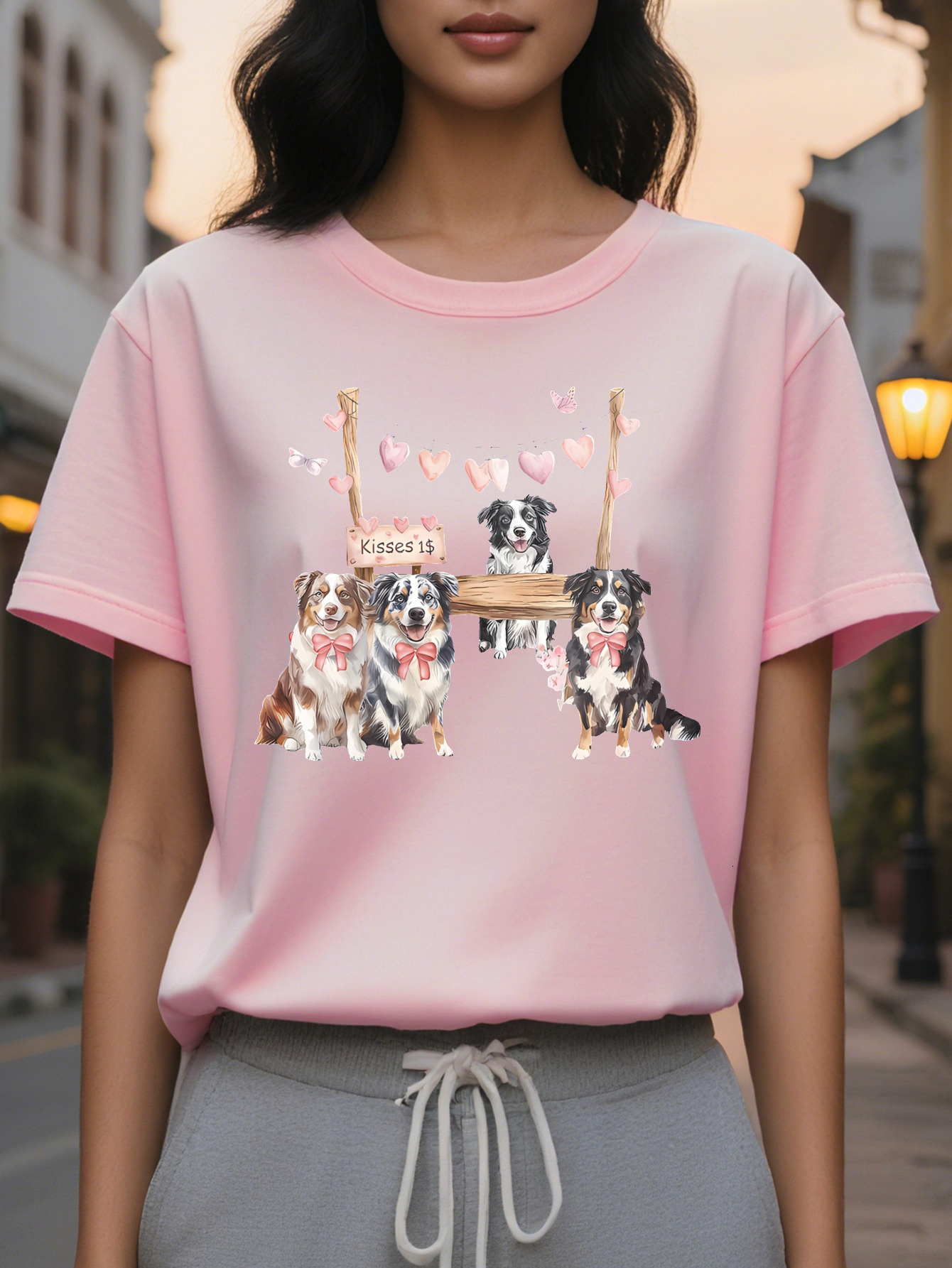 Large XL Cotton Casual Crew Neck Short Sleeve T-Shirt Australian Shepherd Dog Mom Gift Drawing Pattern Print for Women Plus Size