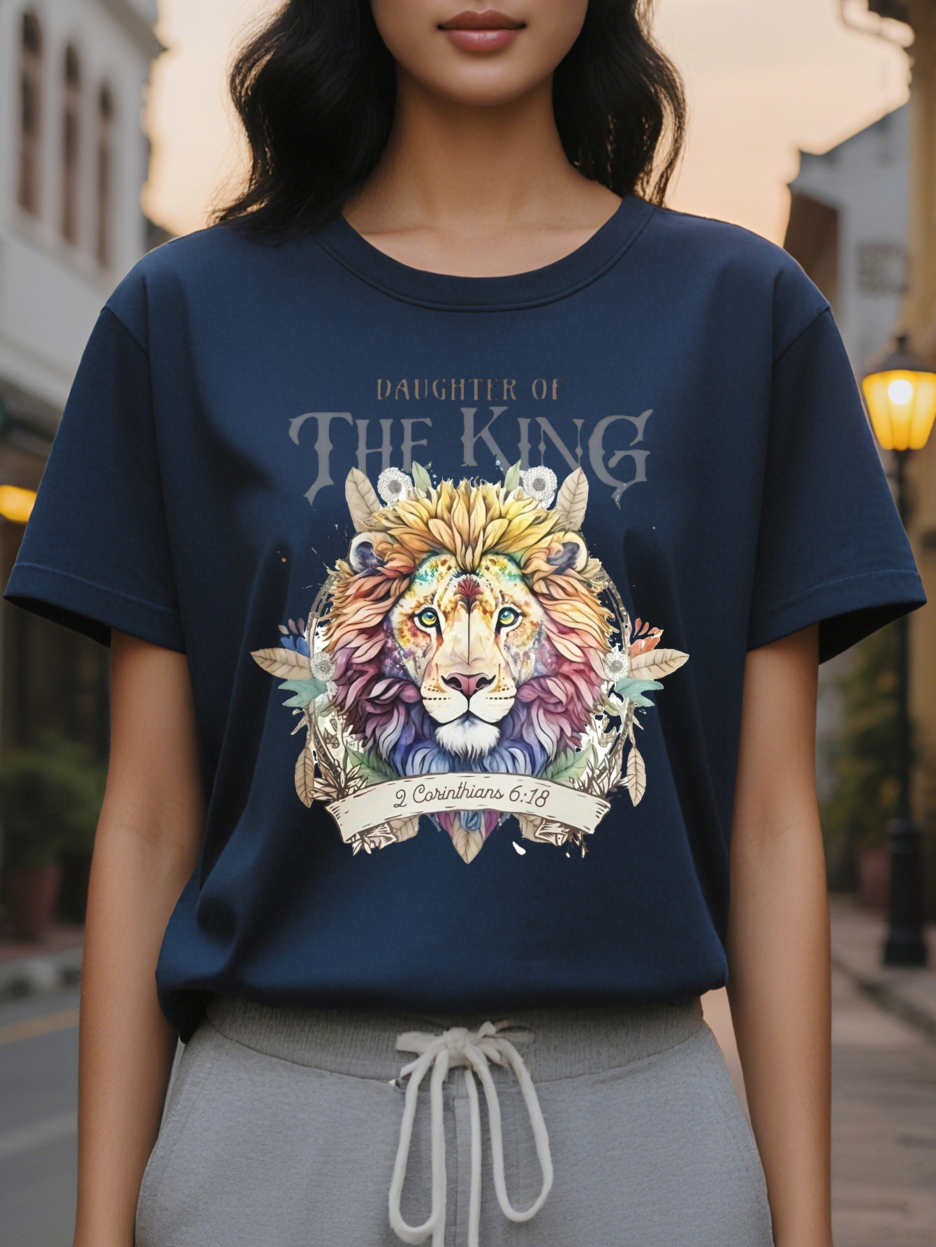 Large XL Vibrant Lion Print Crew Neck Short Sleeve T-shirt Soft Micro Elastic Cotton Fabric Casual Relaxed Fit Perfect for Plus Size