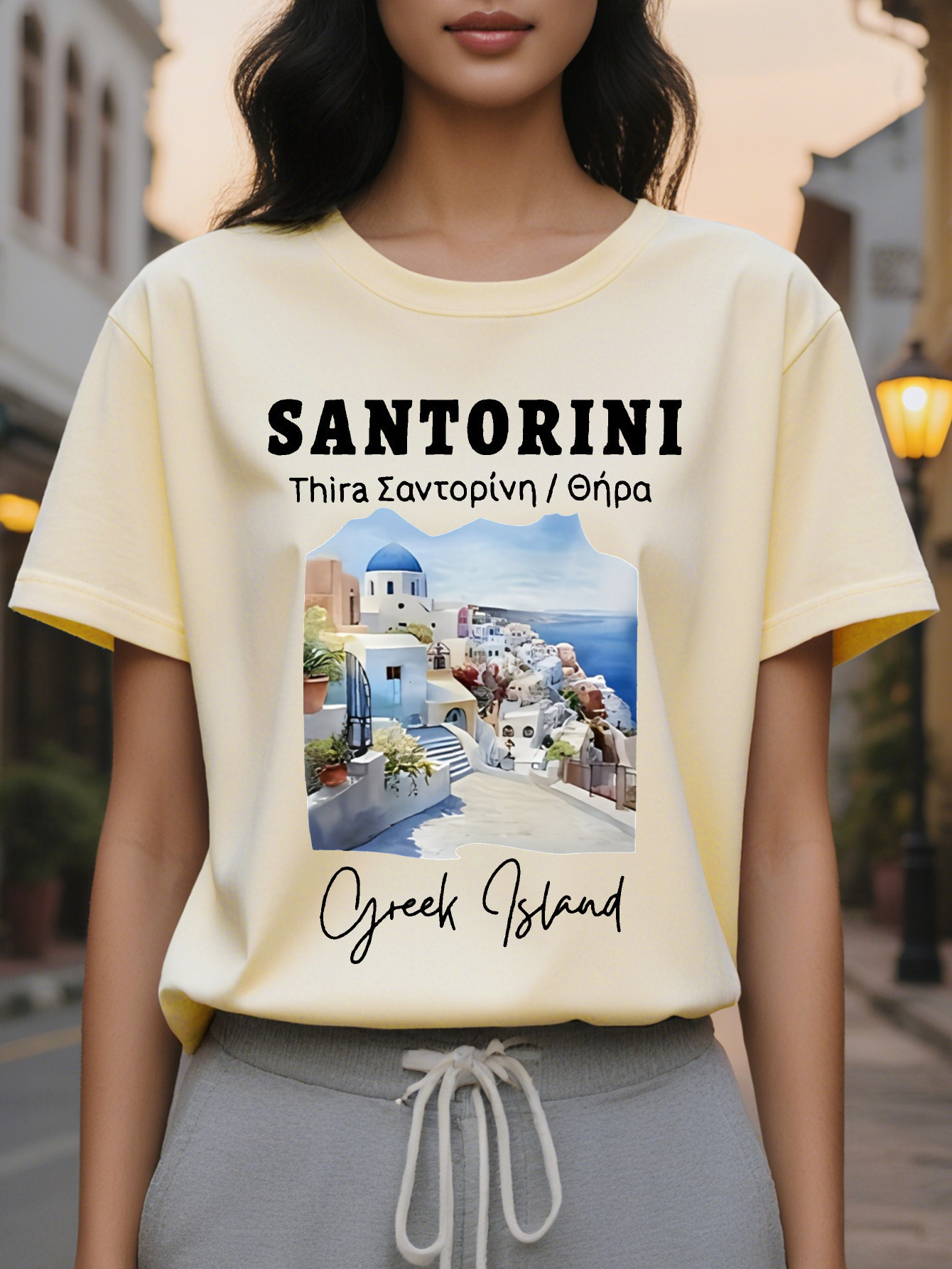 Women's Santorini Print T-Shirt Short Round Neck Casual Top Greek Island Translucent Summer Shotgun Washable