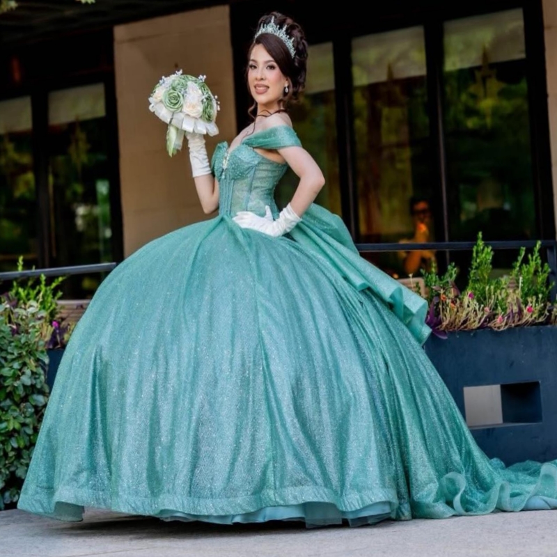 Mint Green Shiny Princess Off the Shoulder Sweet 16 Dress Quinceanera Dresses Beads Bow Tull Party Birthday Vestidos 15 De Anos