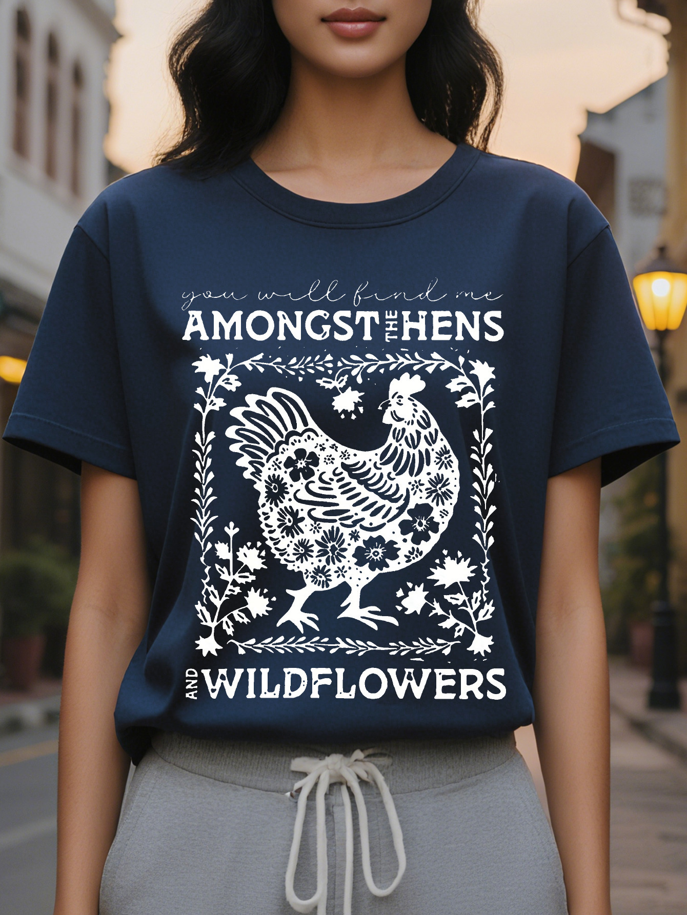 Large XL Women s Casual Crew Neck T Shirt With Hen And Wildflower Print Material Cotton Rayon Plus Size