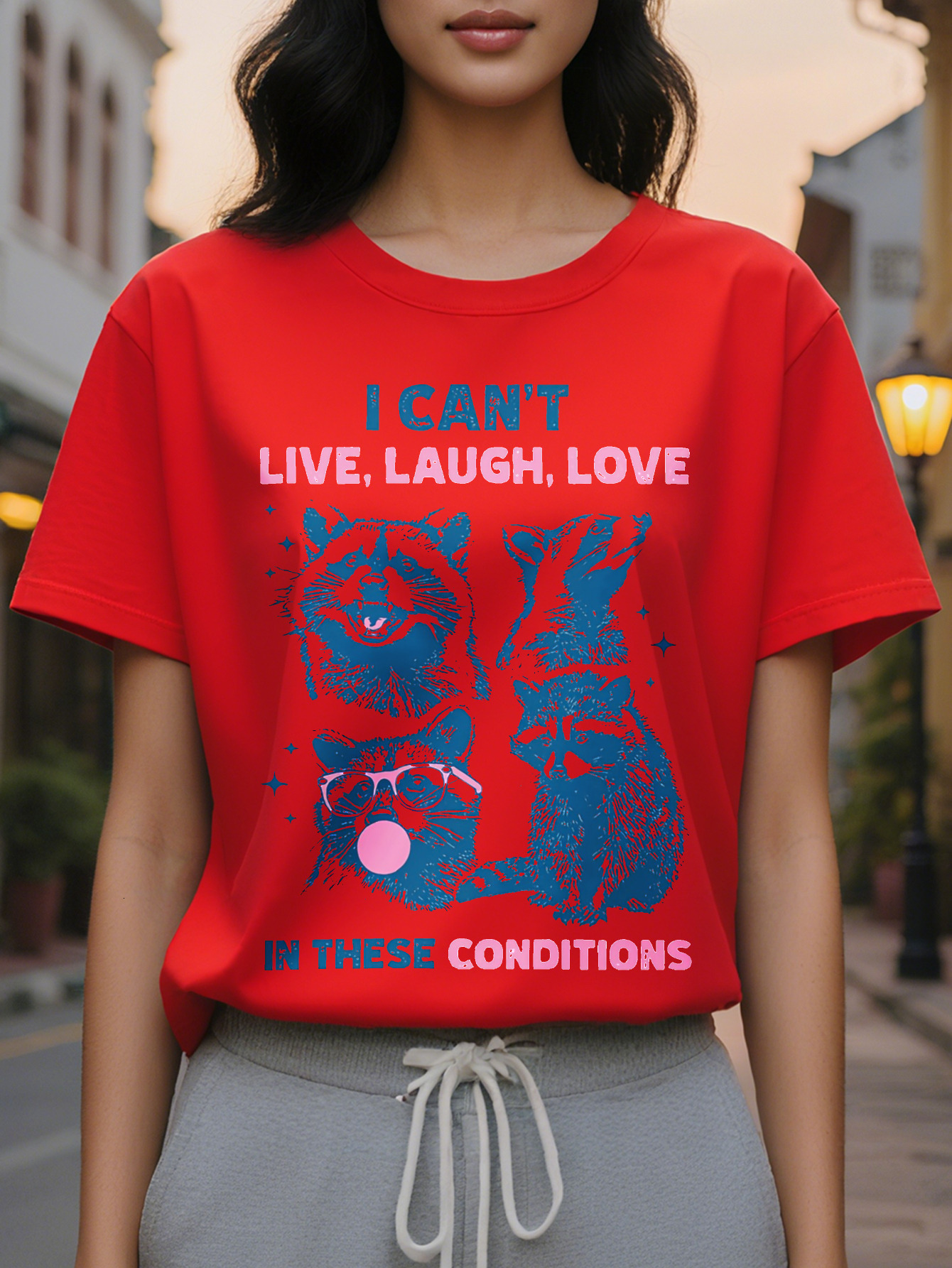 Large XL Funny Cotton Rayon Spandex Blend I Can't Live Laugh Love in These Conditions Print Casual Short Sleeve T-shirt Crew Plus Size