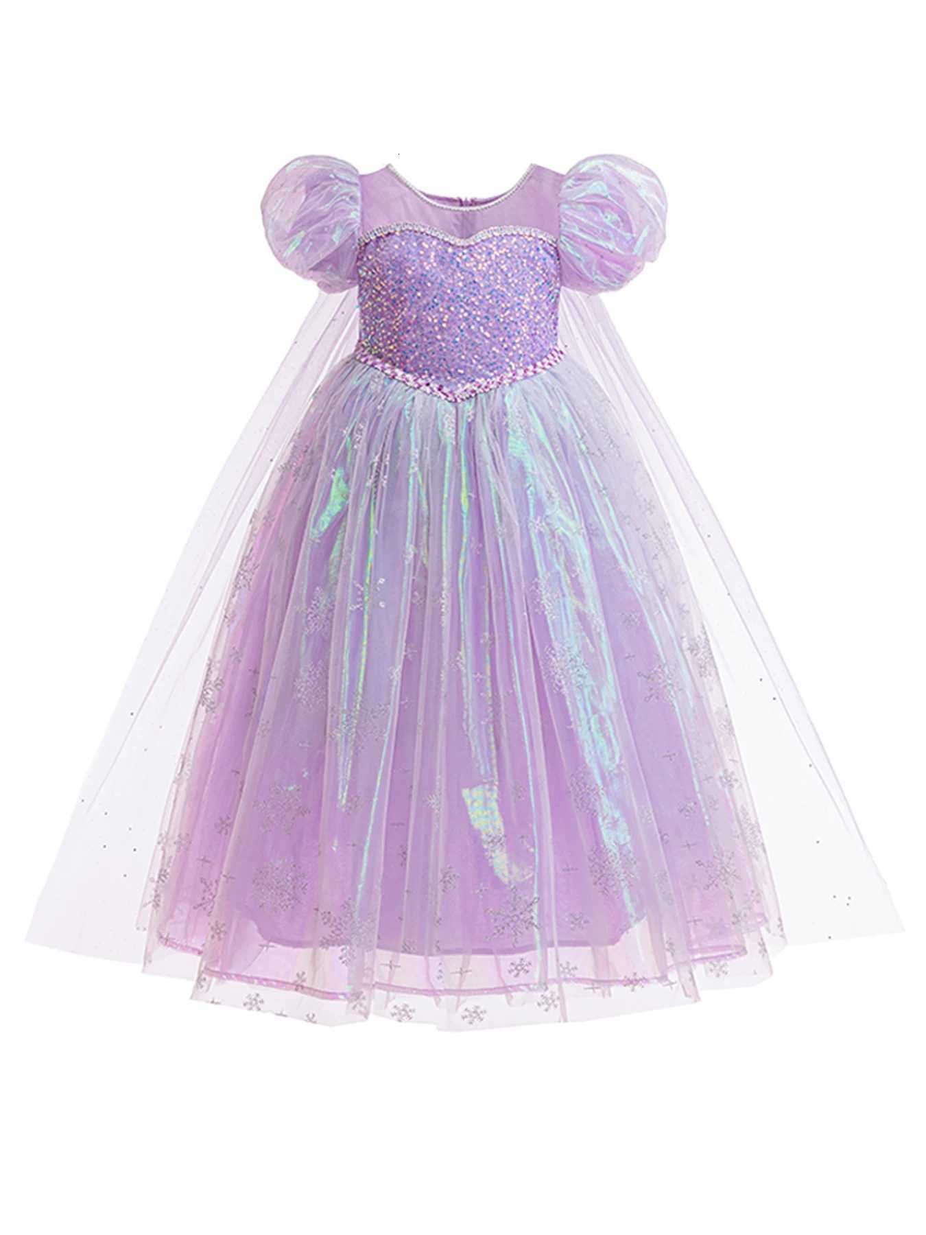Elegant girl violet shiny tulle princess dress with puff sleeves round neck zipper closure perfect for parties and festivals. Z250904