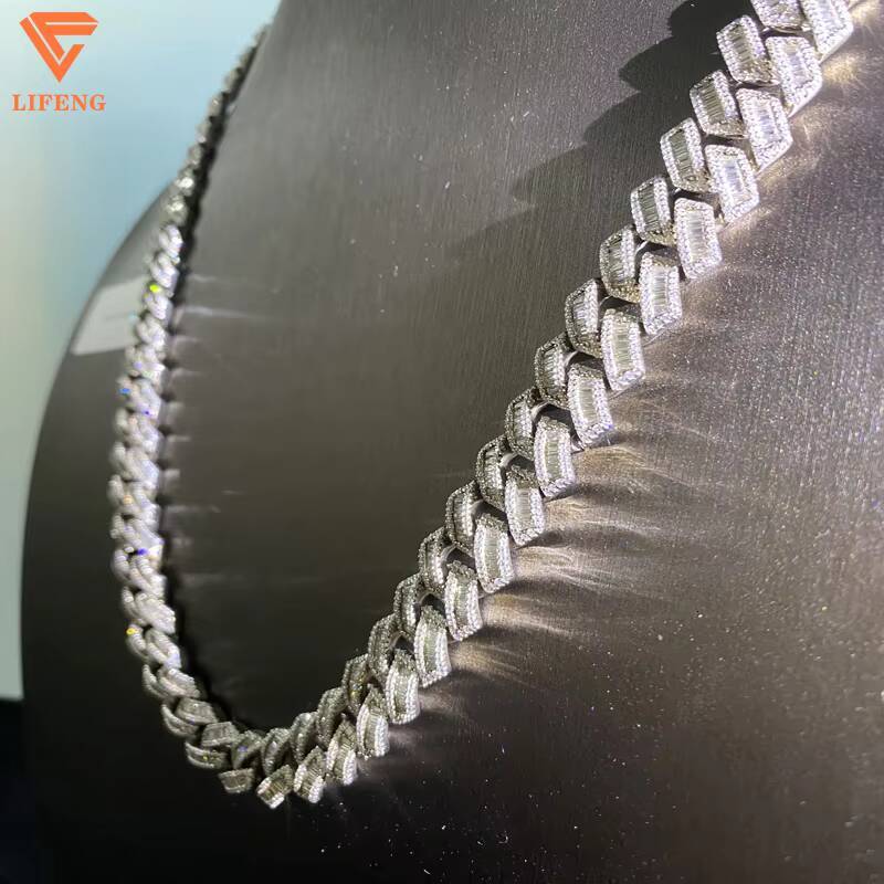 925 Sterling Silver Iced Out 12MM Baguette Miami Hip Hop Cuban Link Chain with Pass Diamond Tester Moissanite Necklaces