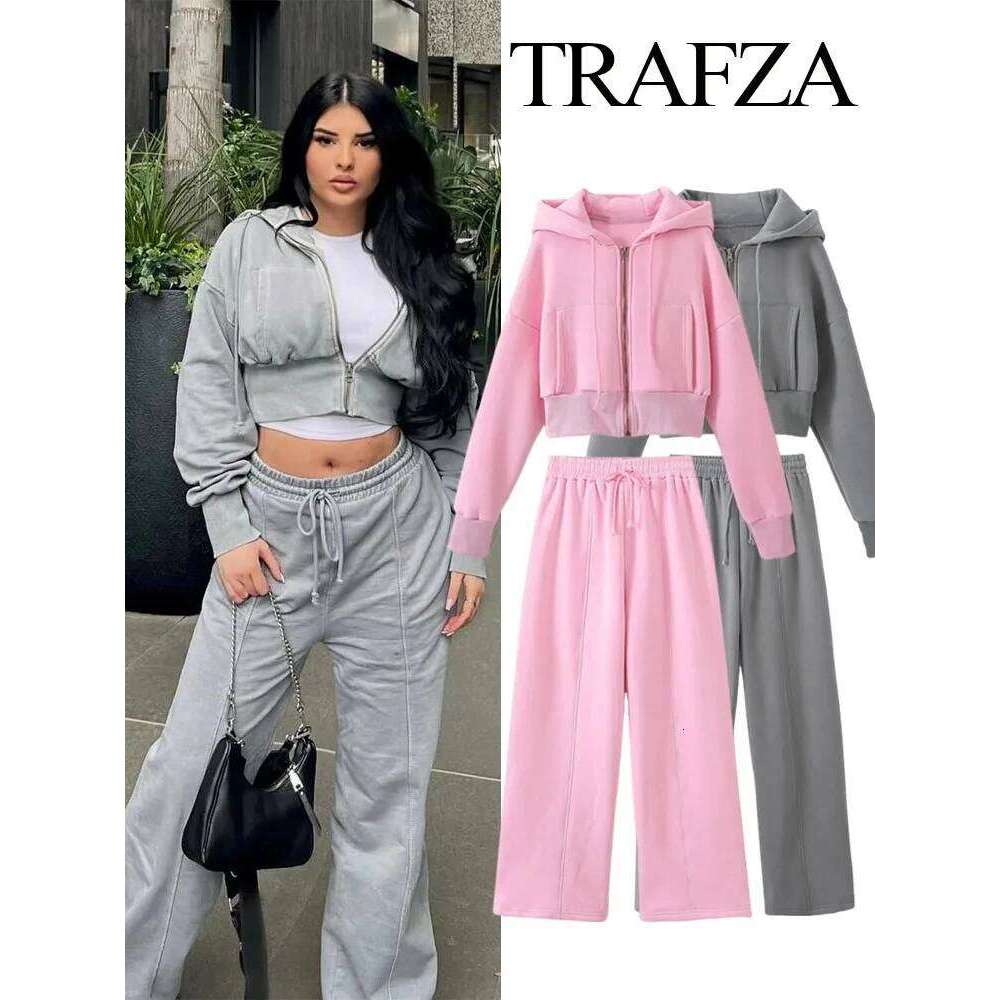 TRAFZA Women Hoodie Pant Sets Fashion Zipper Pocket Long Sleeve Casual Jacket Coat Woman Loose Elastic Waist Drawstring Trousers
