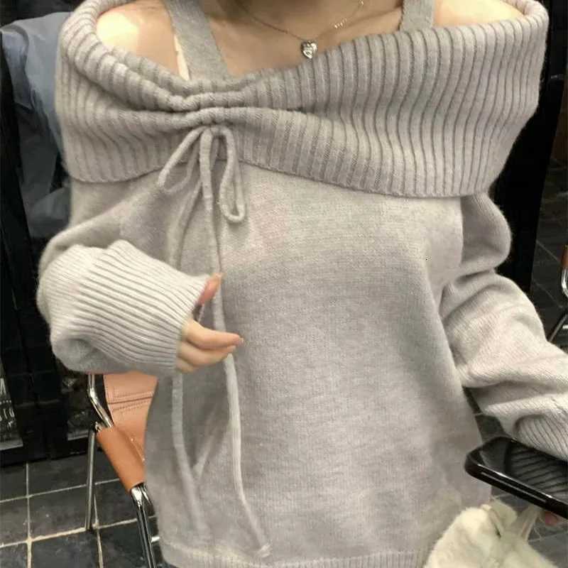 Deeptown Korean Style Coquette Knitwear Pullovers Women Sweet Slash Neck Long Sleeve Sweaters Autumn Winter 2000s Grey Jumper M250904