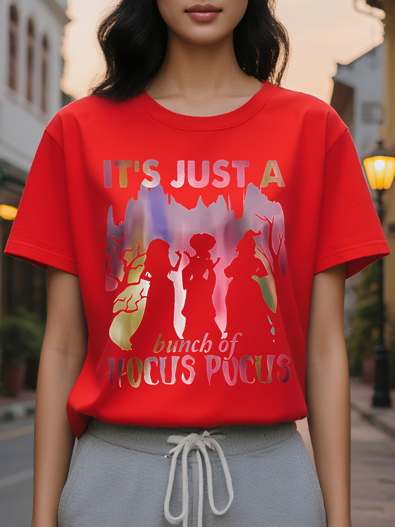 Women S T Shirt Spooky Ghosts Pumpkins Vampires Witches Brooms Demons Graphic Tee Black Crew Neck Short Sleeve Top