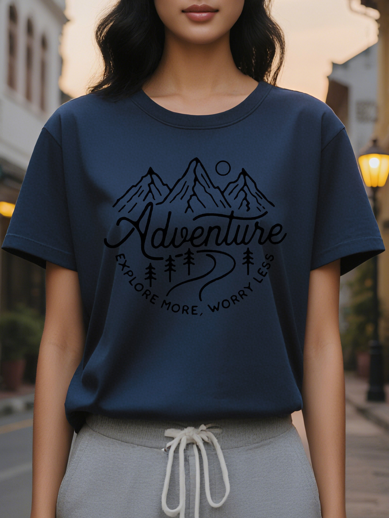 Large XL Women S Adventure Themed Explore More Worry Less Mountain Design Casual Round Neck T-Shirt Soft Cotton Plus Size