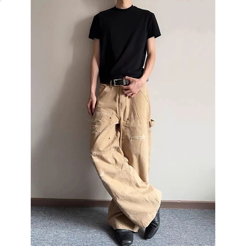 Khaki Mens Vintage Y2K 2000s Wide Leg Baggy Casual Denim Trouser High Waist Loose Jeans 2025 Autumn American Cargo Pants 250904