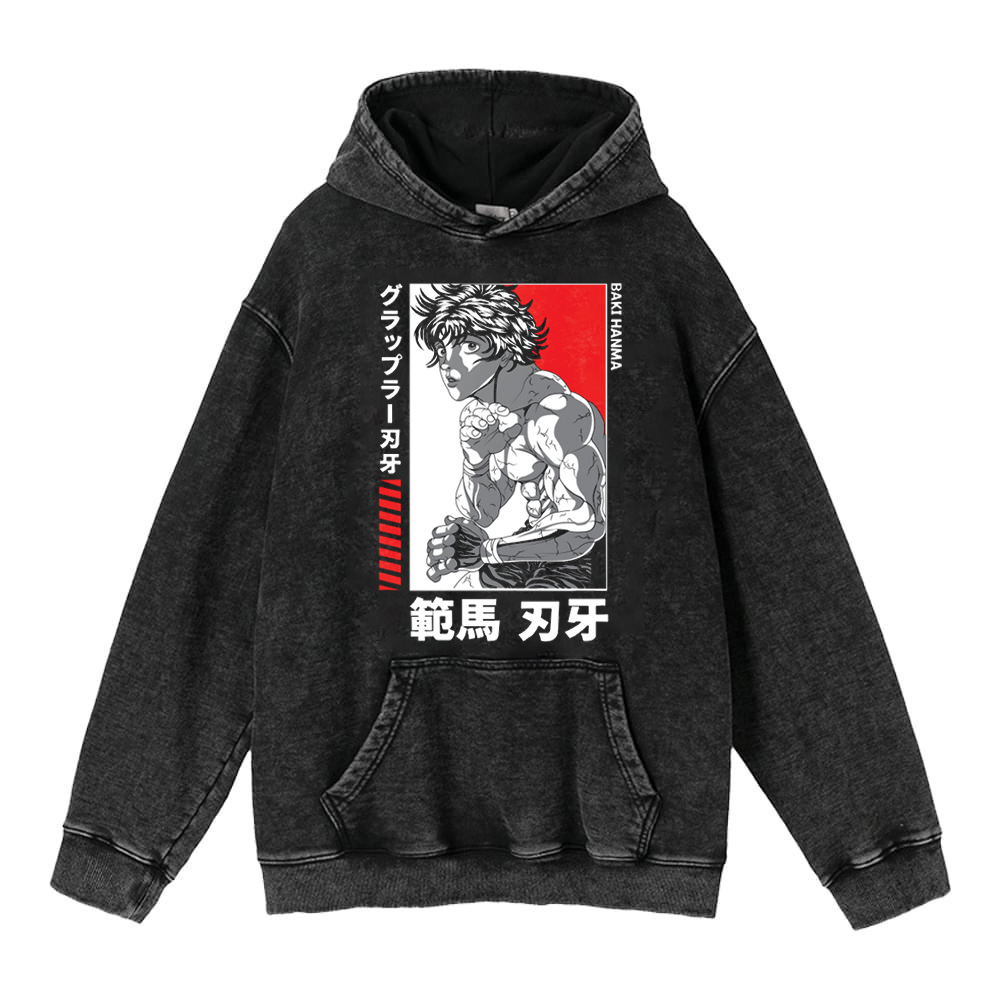440g Heavyweight Washed Vintage Finish Baki Hanma Anime Street Retro Cotton Hoodie - TT8292