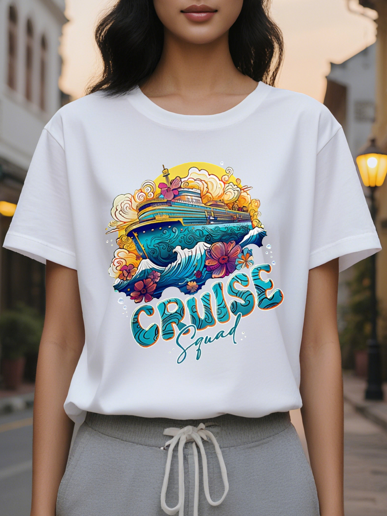 Women's CRUISE pattern printed T-shirt with nautical whale wave design, cotton fiber, light square meters, loose version