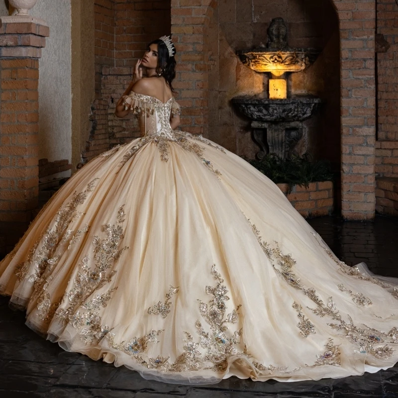 Champagne Shiny Quinceanera Dresses Ball Gown Off The Shoulder Applique Lace Beading Crystal Sweet 16 Dress Vestidos 15 Anos
