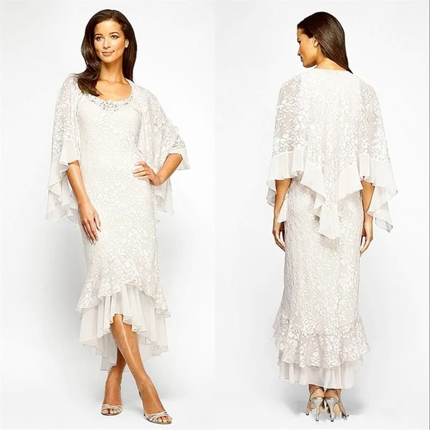 Elegant White Scoop Mermaid Chiffon Mothers Dresses High Low Evening Gowns Mother of the Bride Dresses Plus Size Long Sleeves Jacket