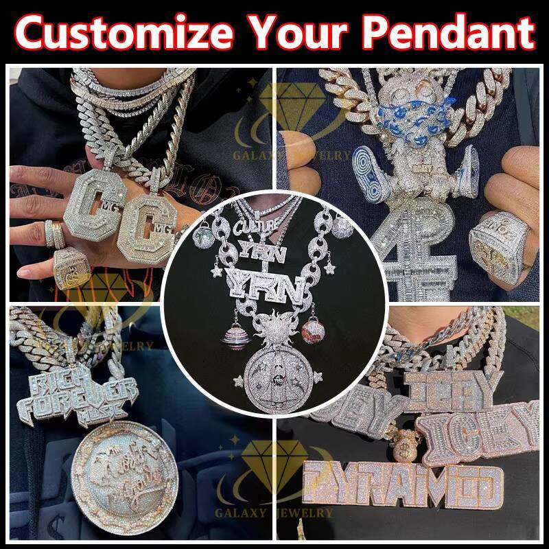 Hip Hop Rappers Mossanite Jewelry D Color Baguette Diamond 925 Sterling Silver Name Initial Pendant Necklace Letter M Pendant