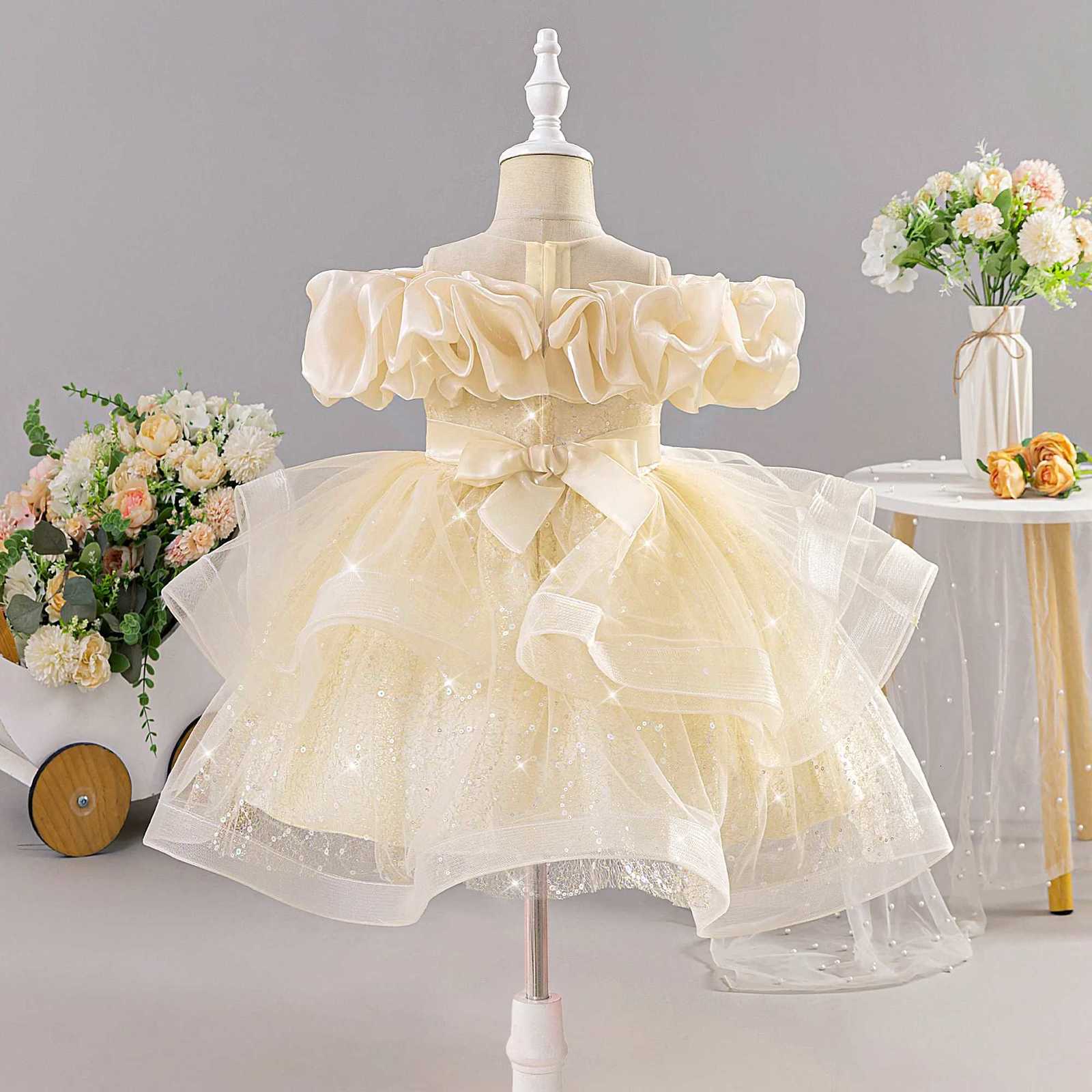 Fluffy Fold Flower Wedding Party Girls Dress Elegant Bridesmaid Birthday Princess Floral Dresses for Girls Bow Evening Prom Gown Z250904