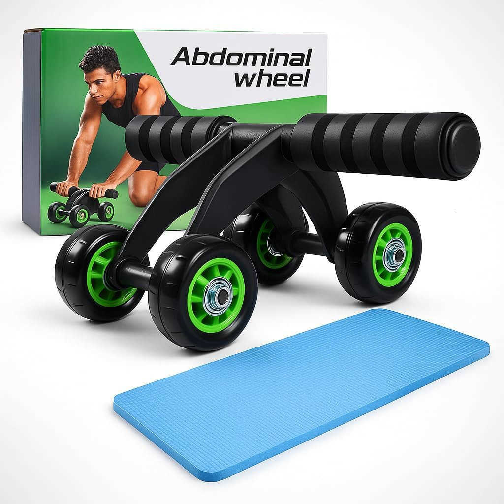 4Wheel Ab Roller with Knee Pad Abdominal Exercise Wheel for Core Strength Training Stable Ab Workout Equipment for Men Women NonSlip Handles Smooth Be