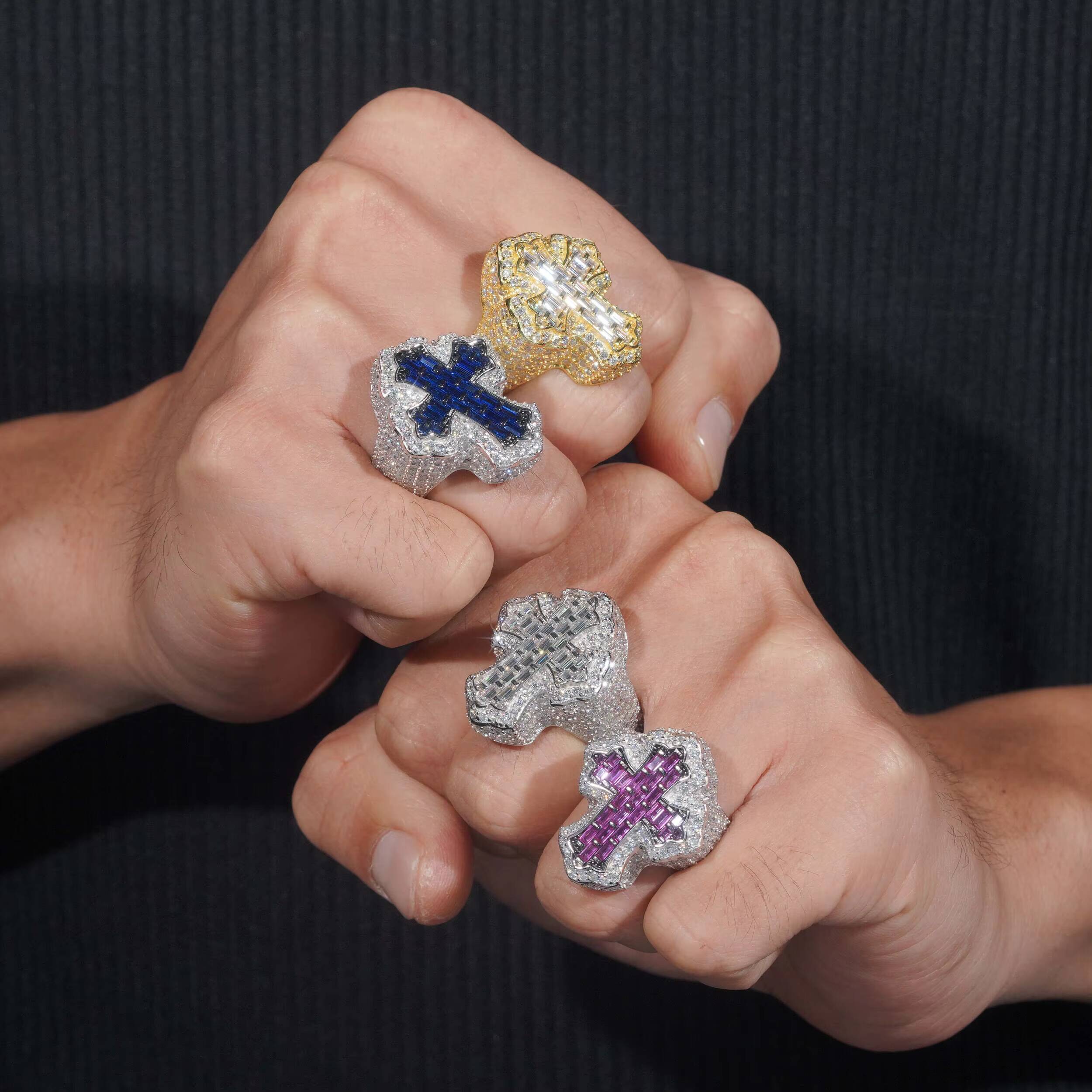 Hot Selling GRA Certificate High Quality 925 Silver Gold Plated Fine Jewelry Iced Out Hip Hop Ring Cross Moissanite Men Rings