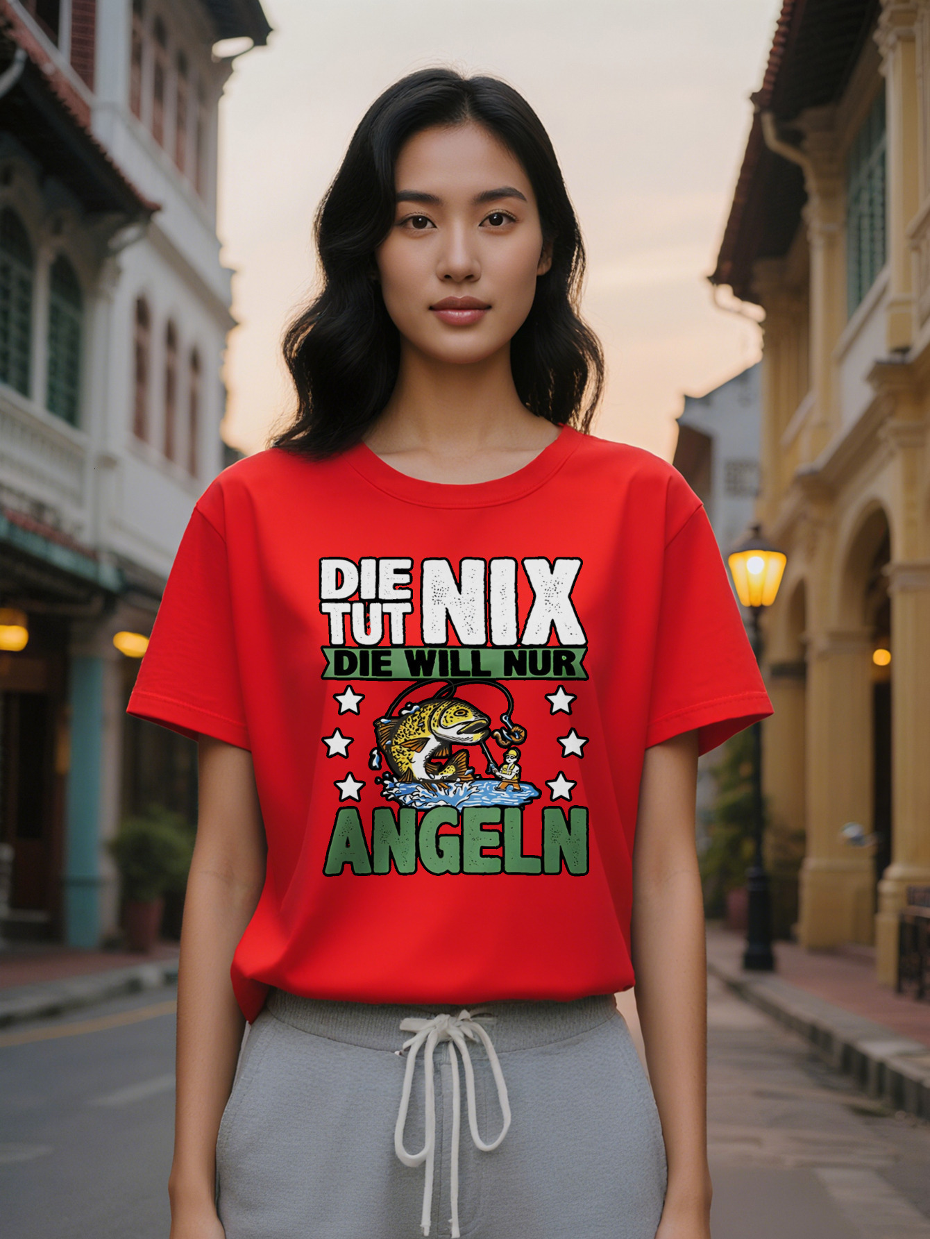 Large XL Women's Casual Versatile Round Neck T-Shirt Fisherman Print with Angelfish Graphic Regular Fit Summer Wear Perfect Gift Plus Size