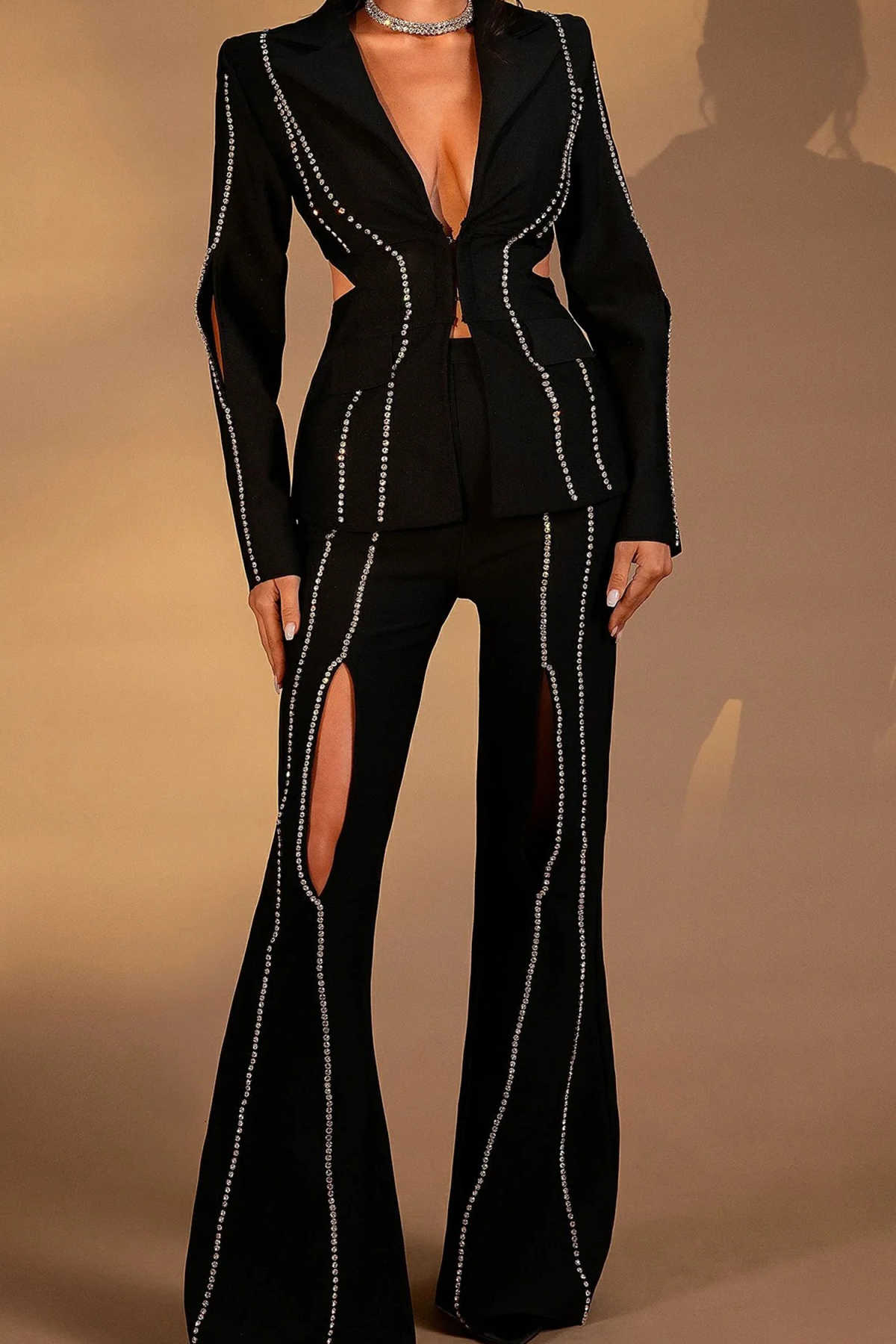 New Arrival 2 Pieces Women Suits Office Ladies Work Pants Sets Crystals Long Sleeve Customized Birthday Party Outfits