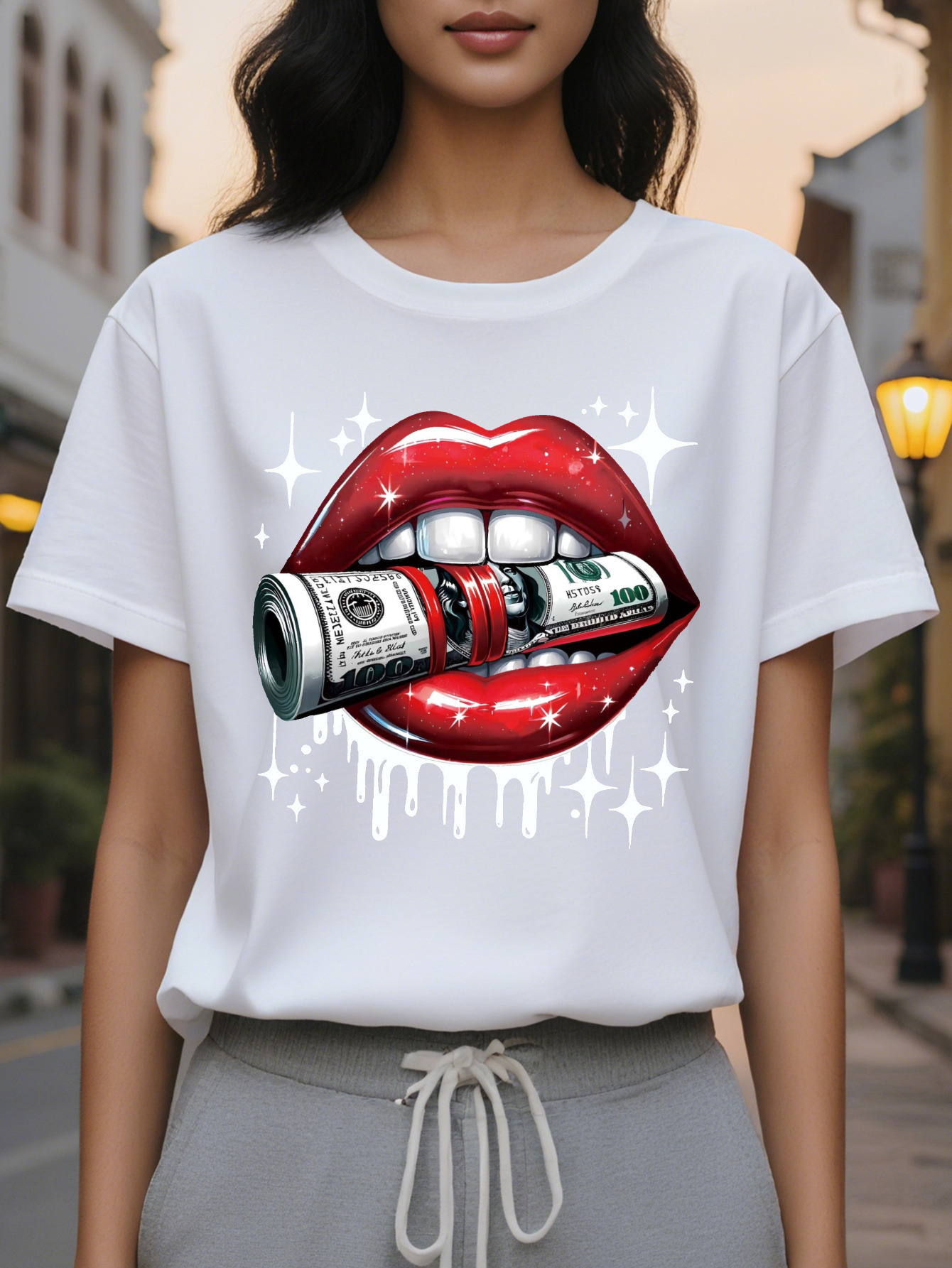 Red Lips Dollar Print T-shirt Casual Short Sleeve Crew Neck Top Stylish All Season Women's Clothing