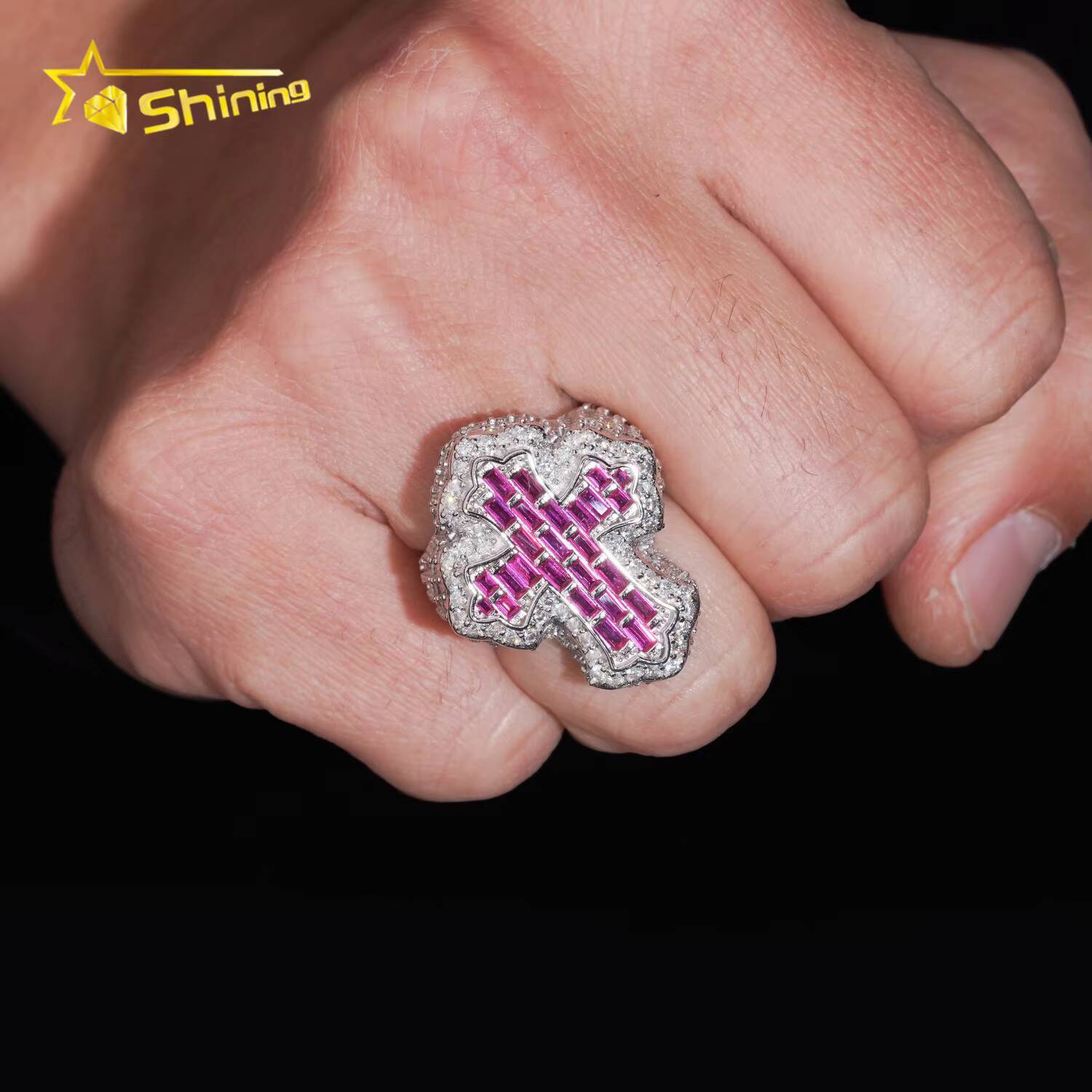 Hot Selling GRA Certificate High Quality 925 Silver Gold Plated Fine Jewelry Iced Out Hip Hop Ring Cross Moissanite Men Rings