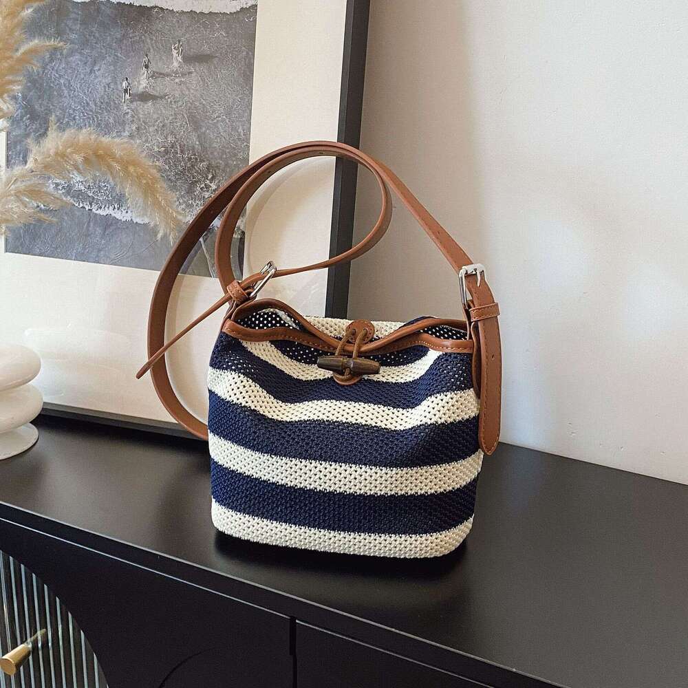DHEssentials 2025 Summer Striped Knit Crossbody Bag for Women, Medium Bucket Shape