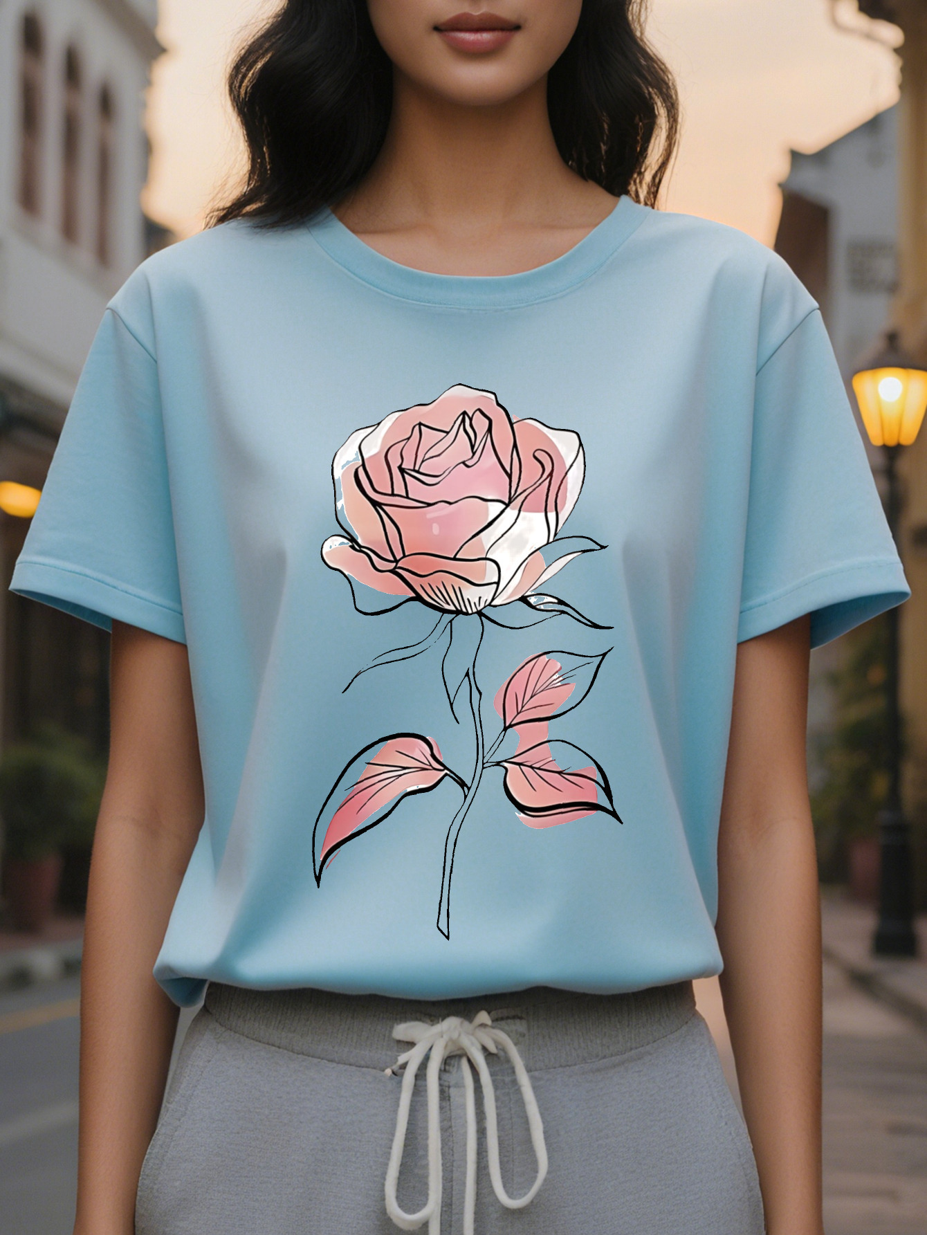 Women's elegant sleeve round neck T-shirt, soft pink rose print, medium stretch, hine wash top, autumn and winter casual