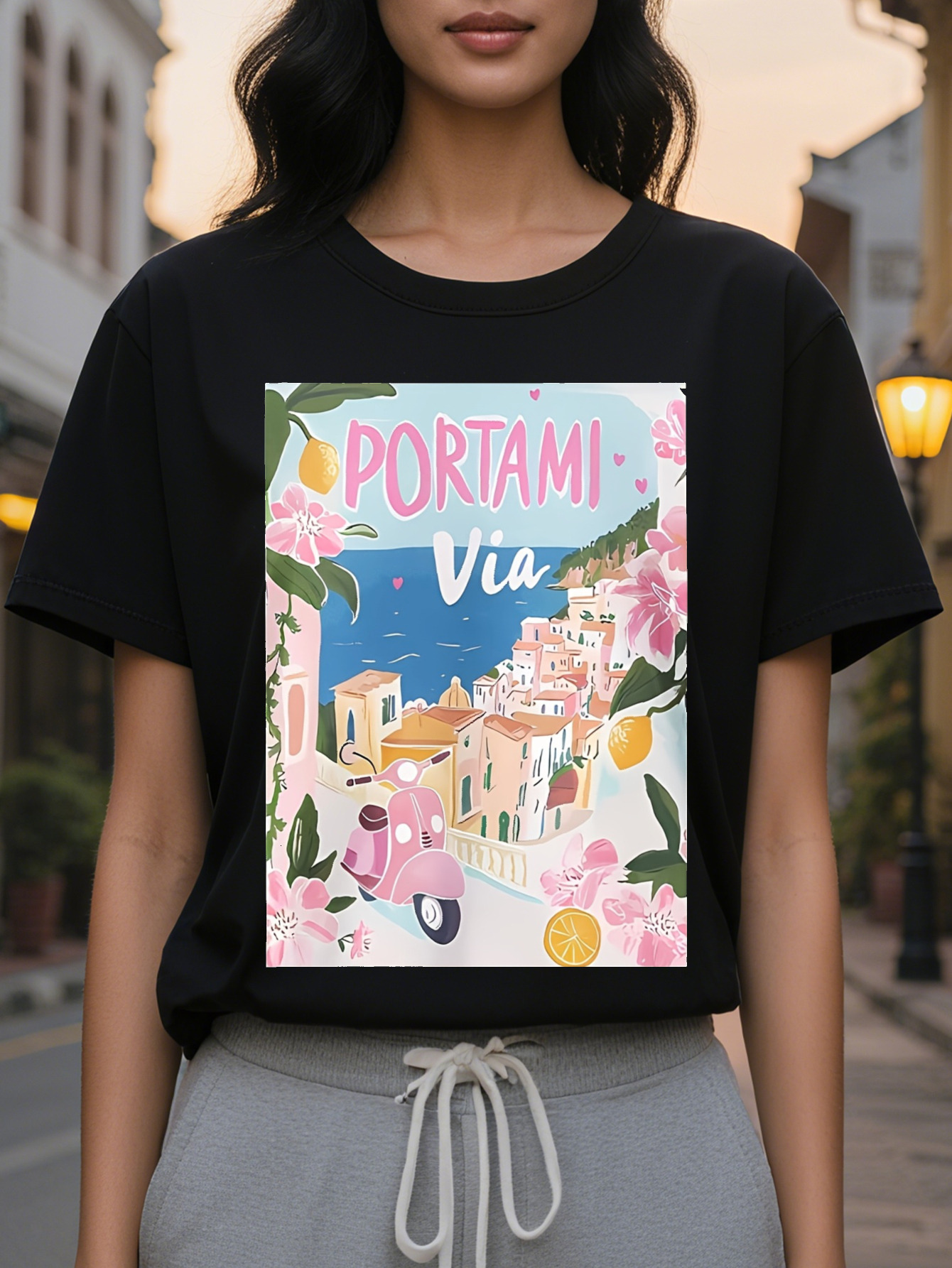 Large XL Women's Casual Short Sleeve T-Shirt Portofino Italy Graphic Print with Floral Pastel Buildings Soft Pink Round Plus Size